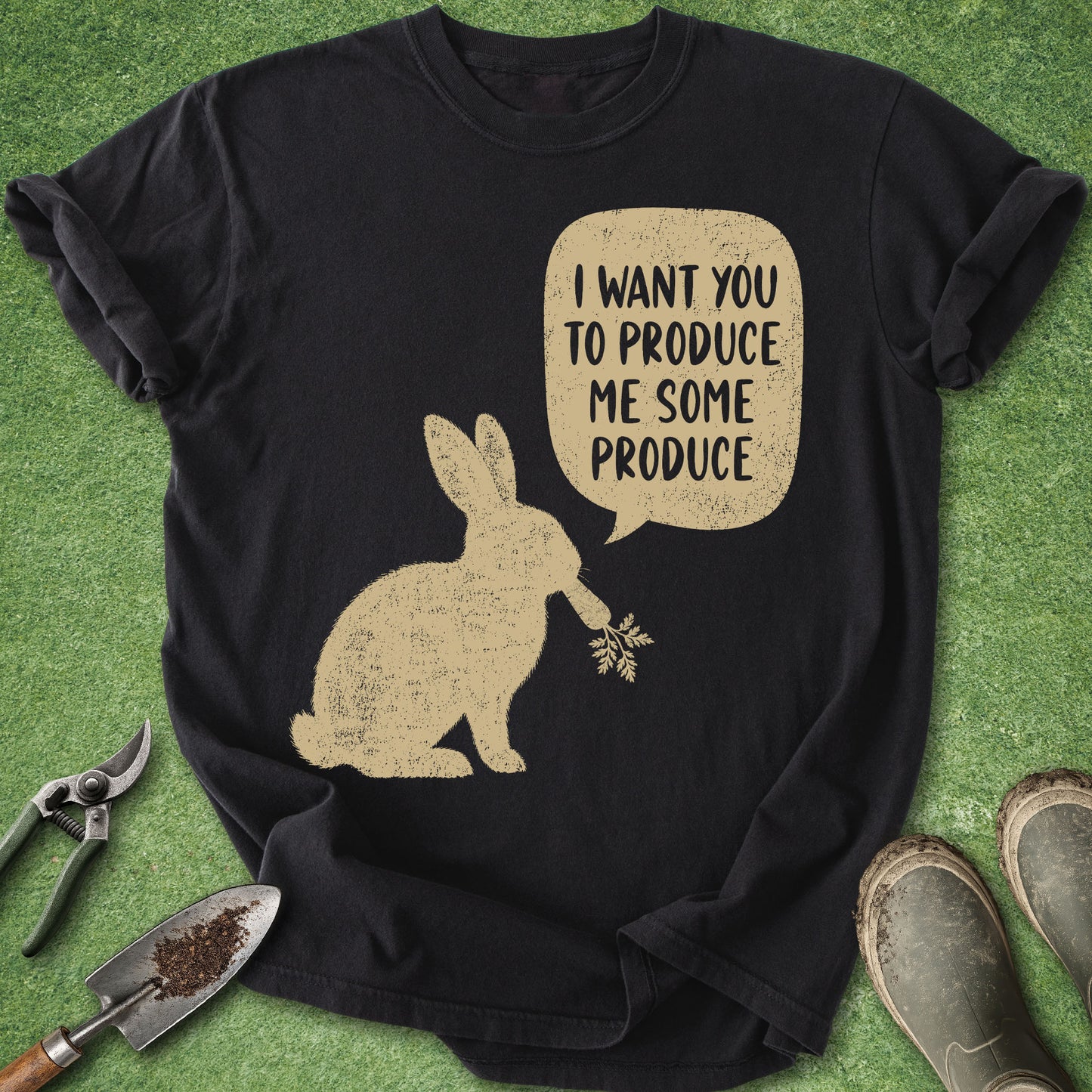 Comfort Colors black t-shirt featuring a vintage rabbit silhouette holding a carrot with a speech bubble reading "I Want You to Produce Me Some Produce."