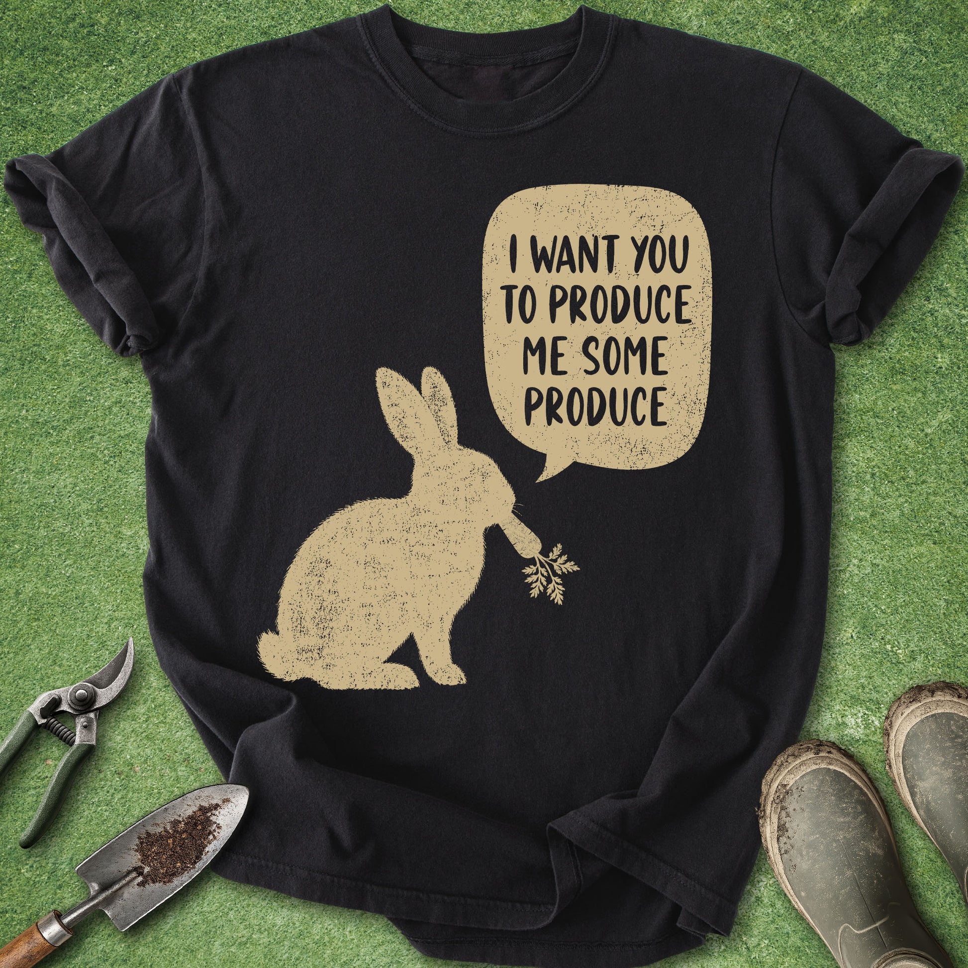 Comfort Colors black t-shirt featuring a vintage rabbit silhouette holding a carrot with a speech bubble reading "I Want You to Produce Me Some Produce."