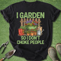Black t-shirt with gardening graphic and text on a green background
