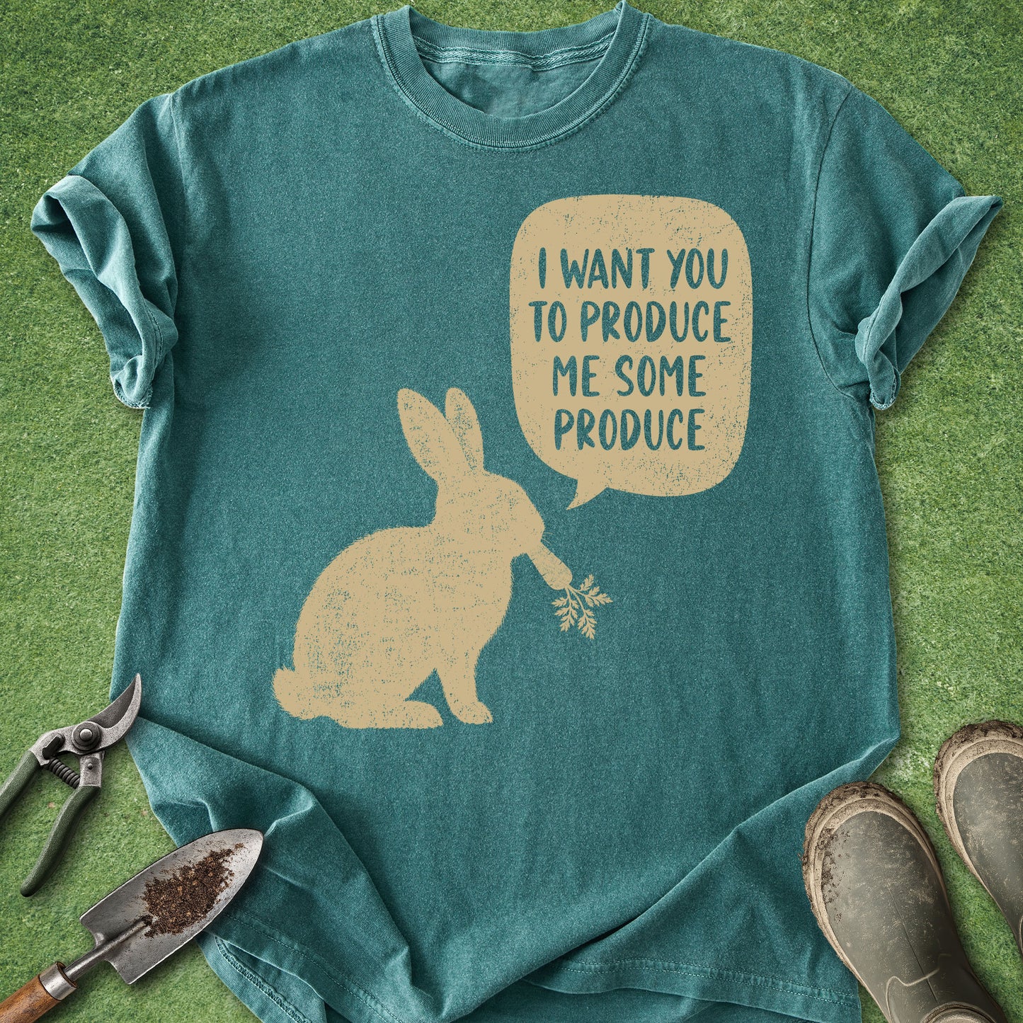Comfort Colors blue-spruce t-shirt featuring a vintage rabbit silhouette holding a carrot with a speech bubble reading "I Want You to Produce Me Some Produce."
