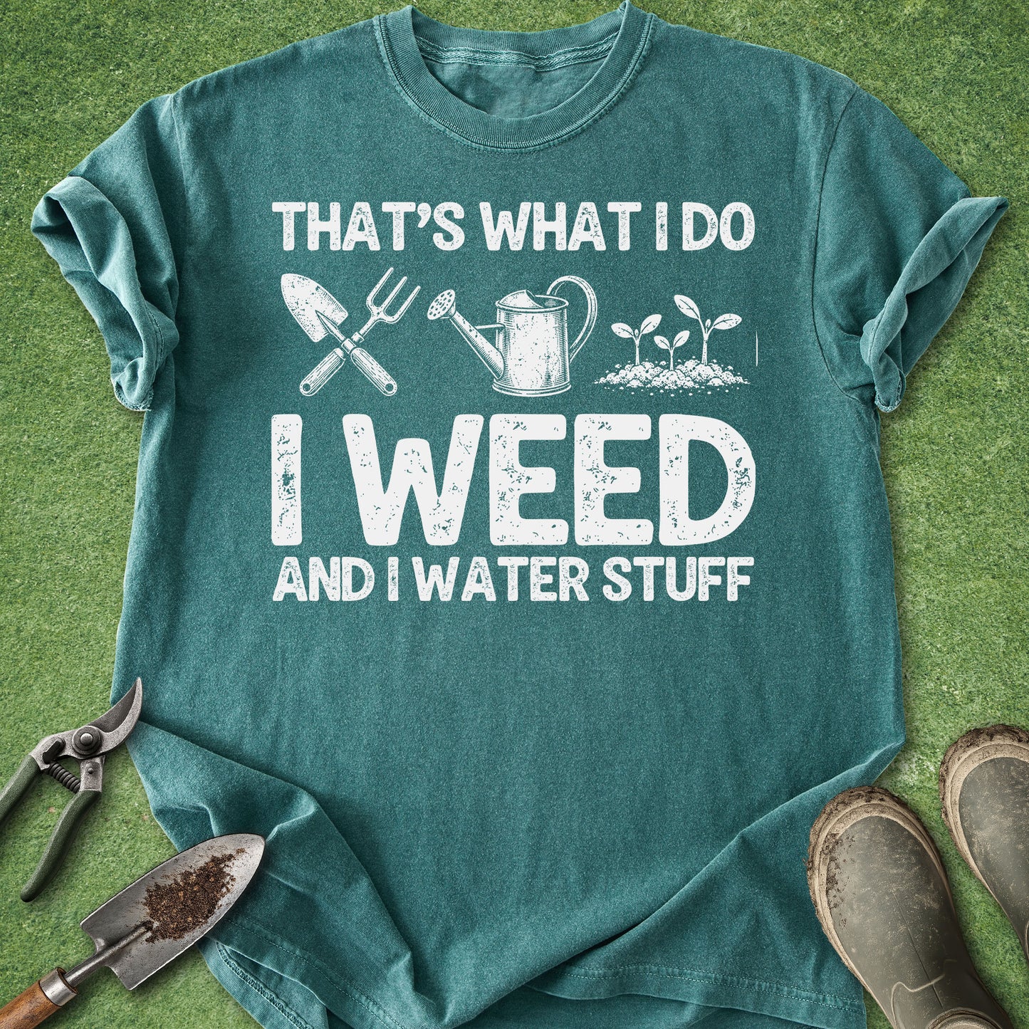 A teal short-sleeve graphic T-shirt laid flat on a green grass-like surface, with white text reading 'THAT'S WHAT I DO I WEED AND I WATER STUFF' and small gardening icons above the text. Gardening props including pruning shears, a trowel, and boots are placed around the shirt.