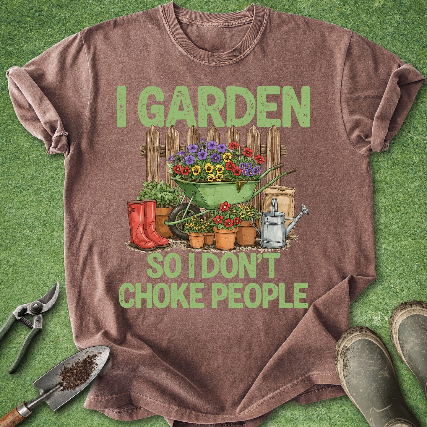 Brown t-shirt with gardening graphic and text on a green background