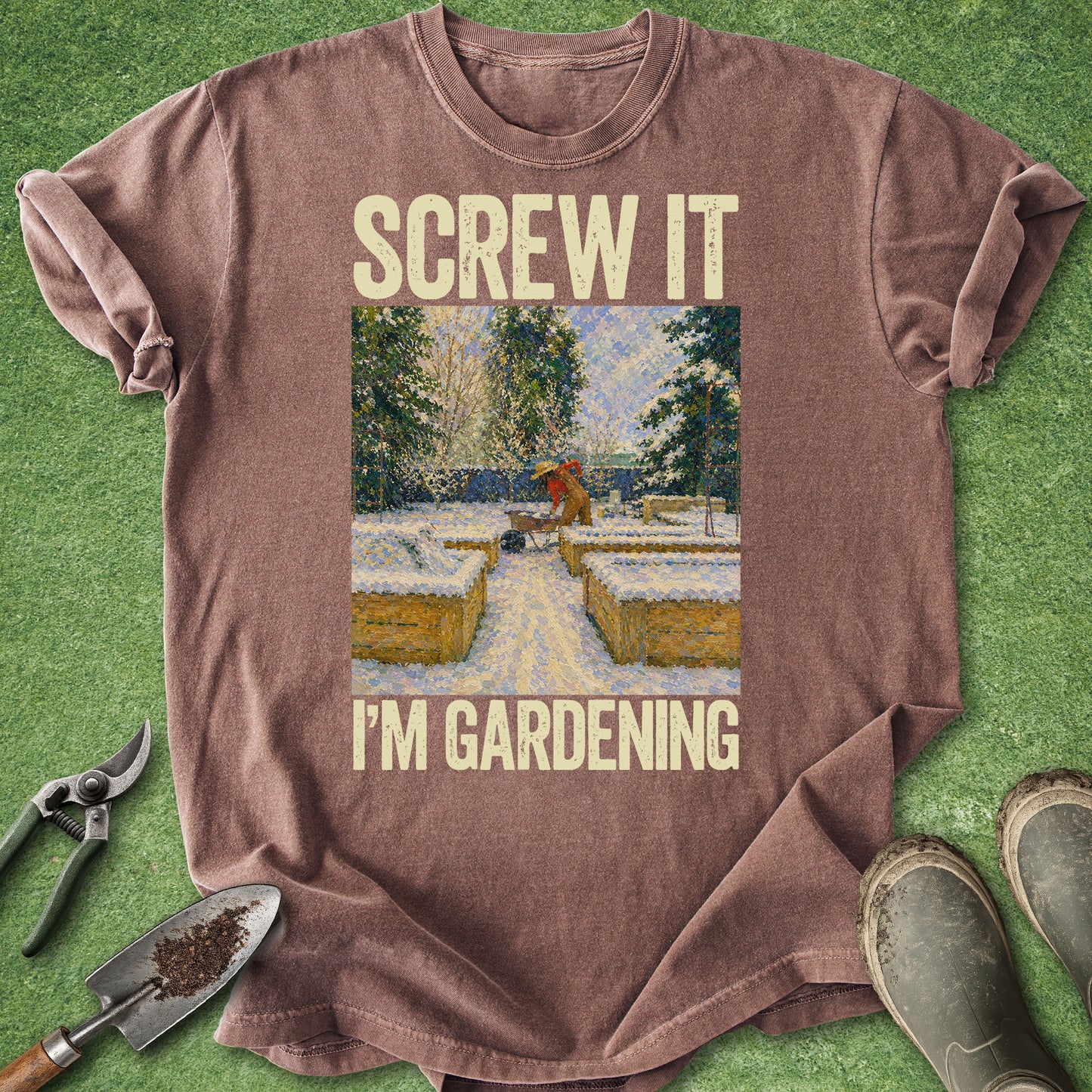 Brown t-shirt with 'Screw it, I'm gardening' text and graphic on a green background