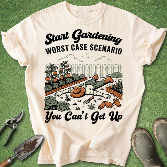 Funny gardening illustration featuring a gardener lying in a vegetable garden with the text "Start Gardening Worst Case Scenario You Can't Get Up" surrounded by raised beds, tomatoes, cabbages, and gardening tools.