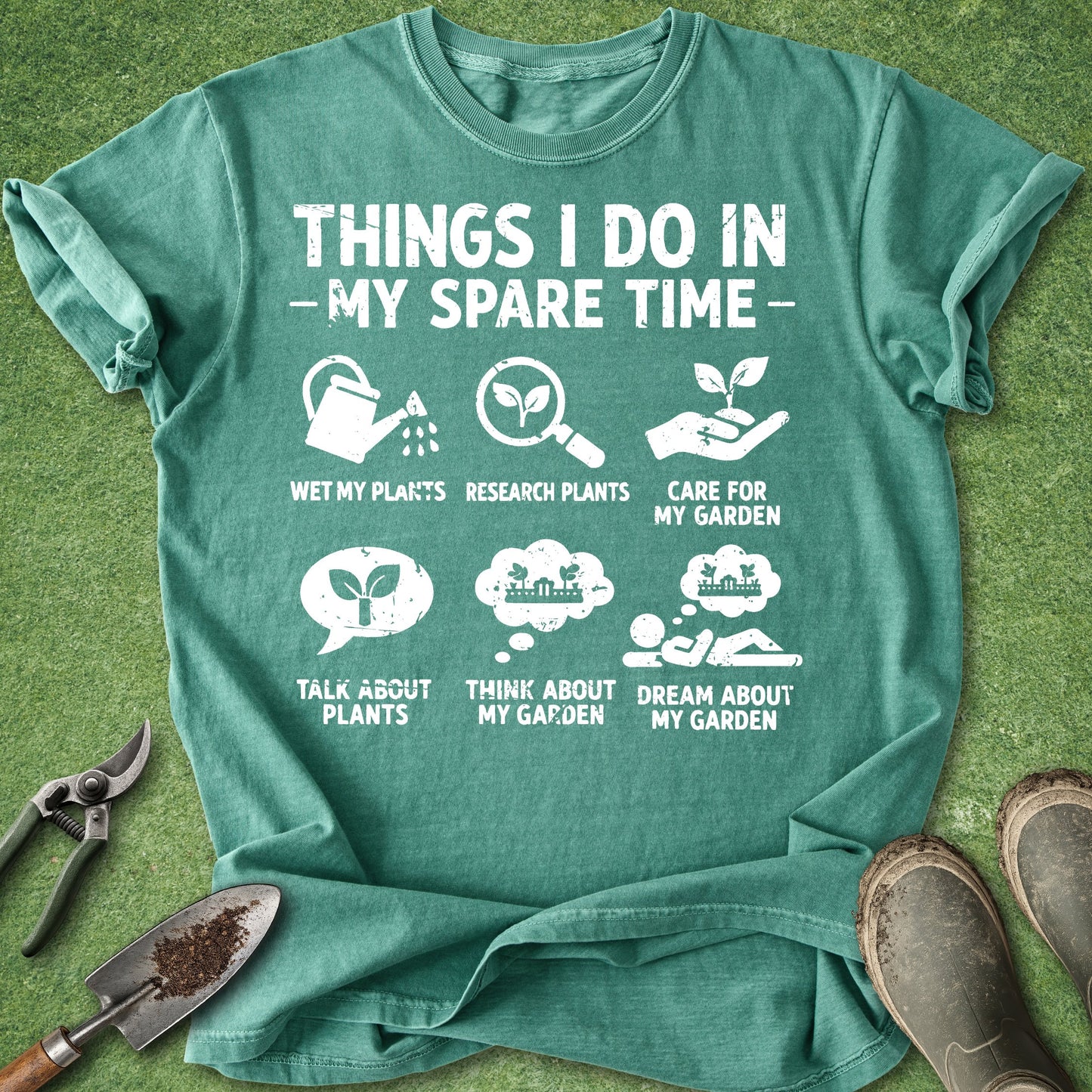 Green t-shirt with gardening-themed text and graphics on a green background
