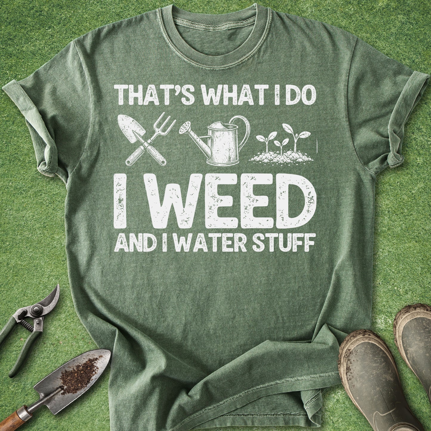 A green graphic t-shirt laid flat on a green grass-like surface, surrounded by gardening props including pruning shears, a trowel, a watering can, and boots. The shirt features a white distressed text graphic that reads 'THAT'S WHAT I DO I WEED AND I WATER STUFF' with small gardening tool and plant illustrations.