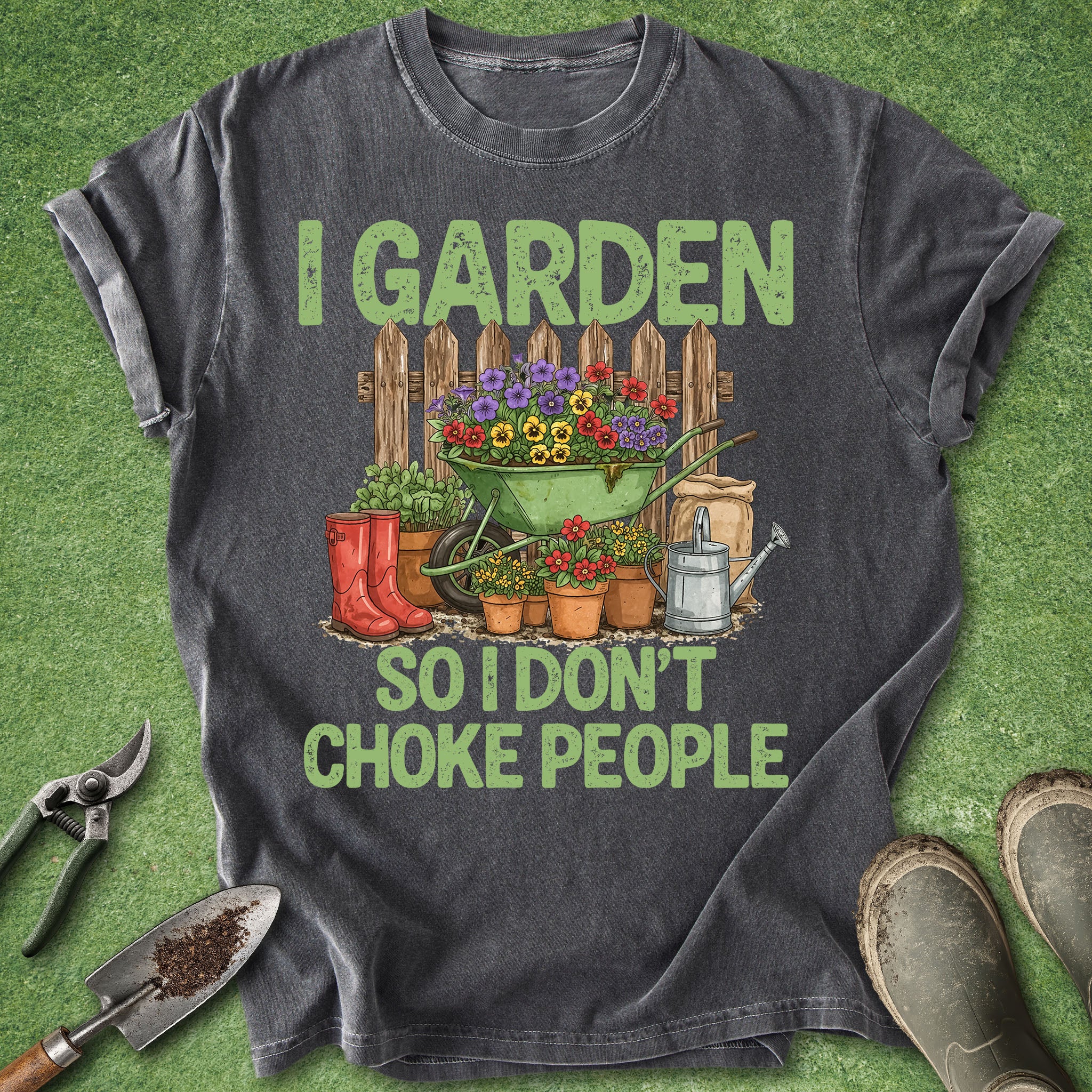 Gray t-shirt with gardening graphic and text on a green background