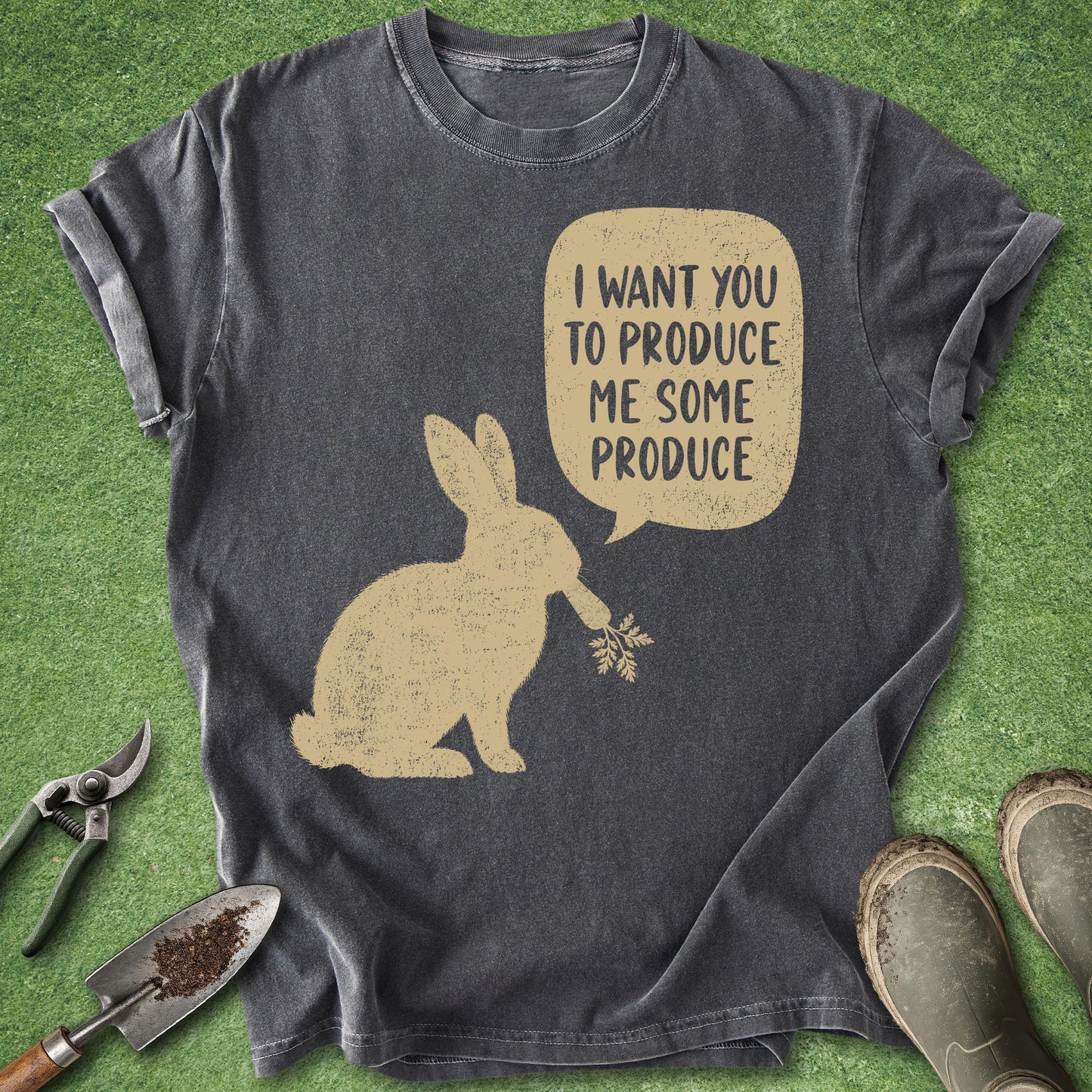 Comfort Colors pepper t-shirt featuring a vintage rabbit silhouette holding a carrot with a speech bubble reading "I Want You to Produce Me Some Produce."