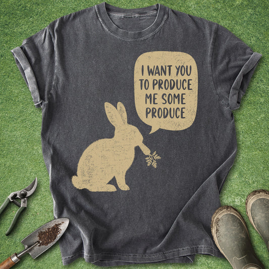Comfort Colors pepper t-shirt featuring a vintage rabbit silhouette holding a carrot with a speech bubble reading "I Want You to Produce Me Some Produce."
