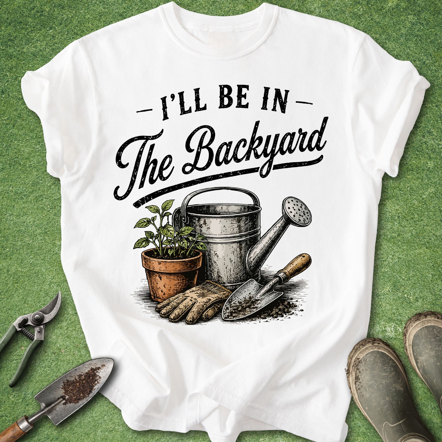 Comfort Colors white t-shirt featuring the quote "I'll Be In The Backyard" with a vintage watering can, potted plant, gardening gloves, and hand trowel illustration.