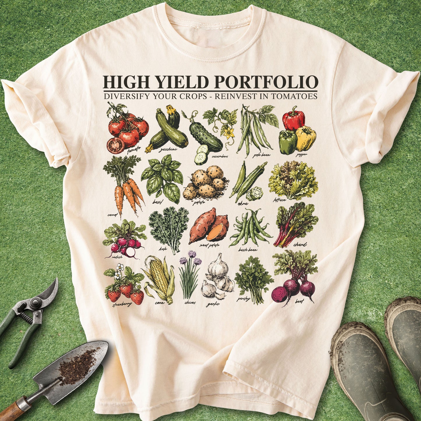 Beige t-shirt with vegetable illustrations and text on a green background