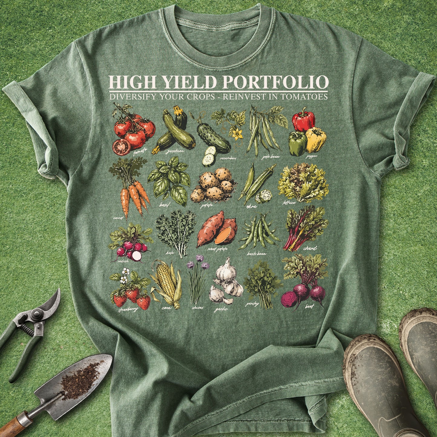 Green t-shirt with vegetable illustrations and text on a green background