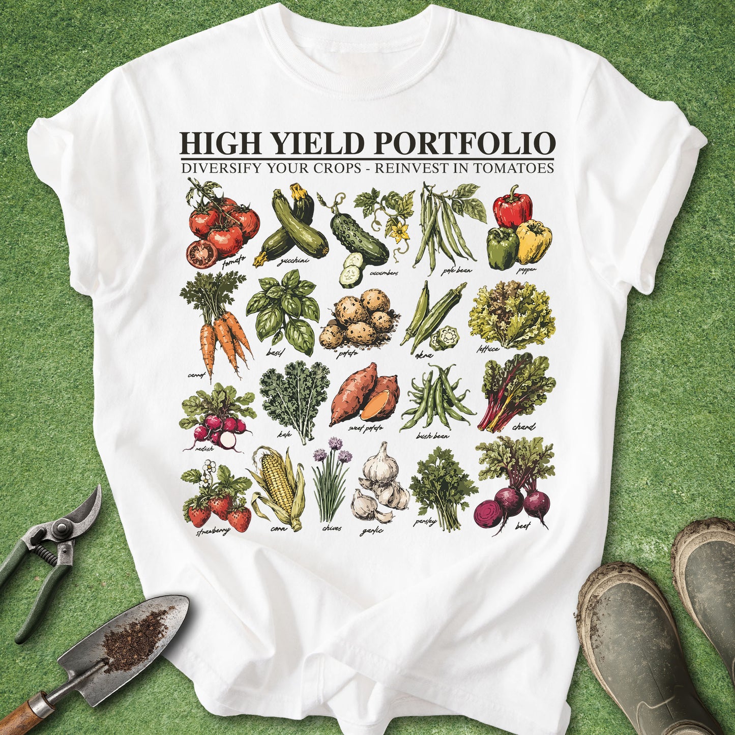 White t-shirt with vegetable illustrations and text on a green background