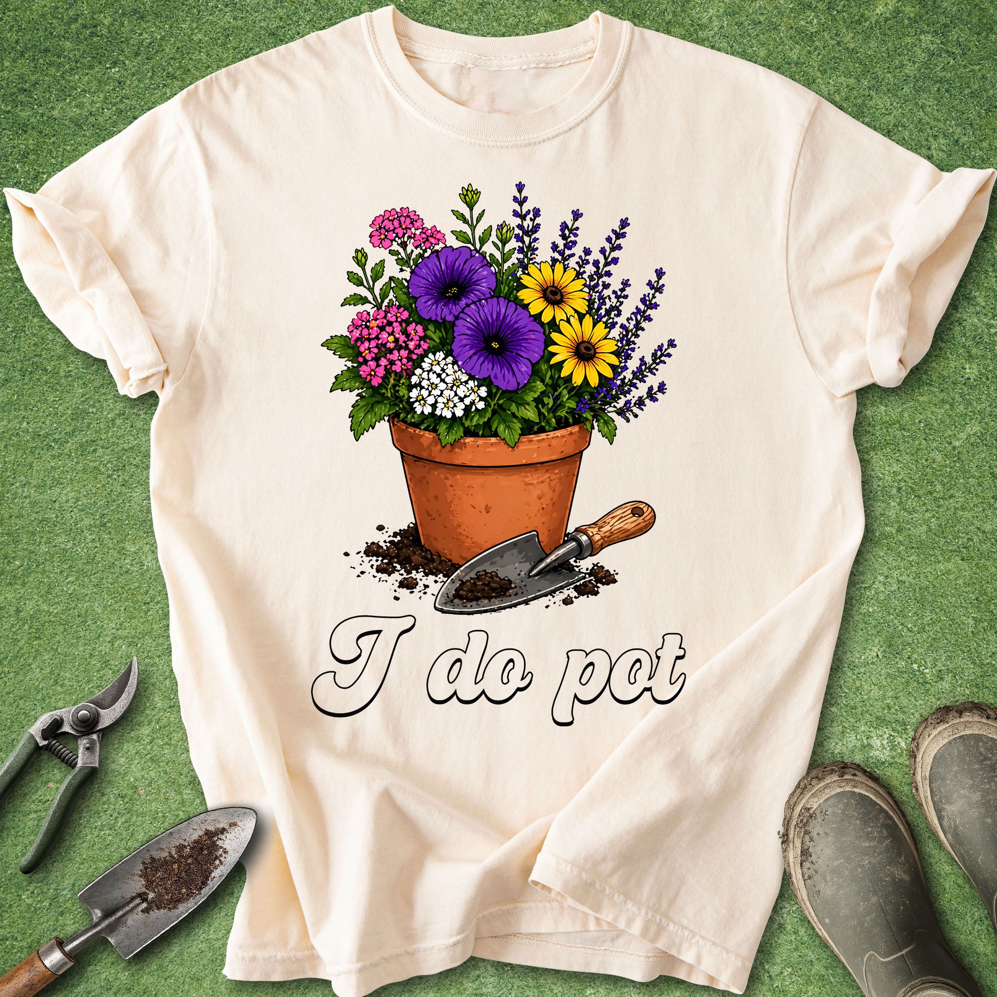 Beige t-shirt with a flower pot and gardening tools graphic on a green background