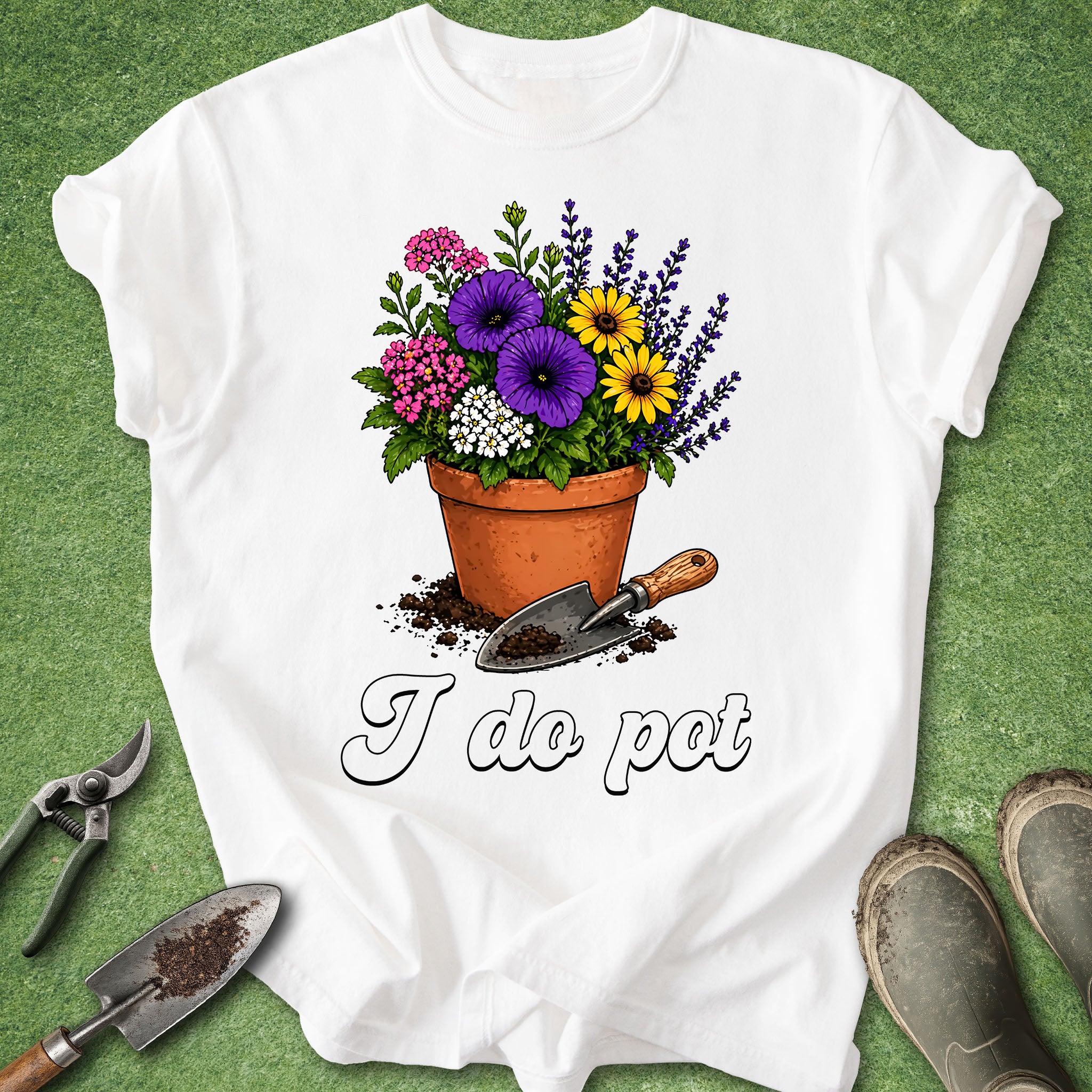 Funny gardening t-shirt with “I Do Pot” quote featuring a colorful flower pot and garden trowel illustration on white shirt