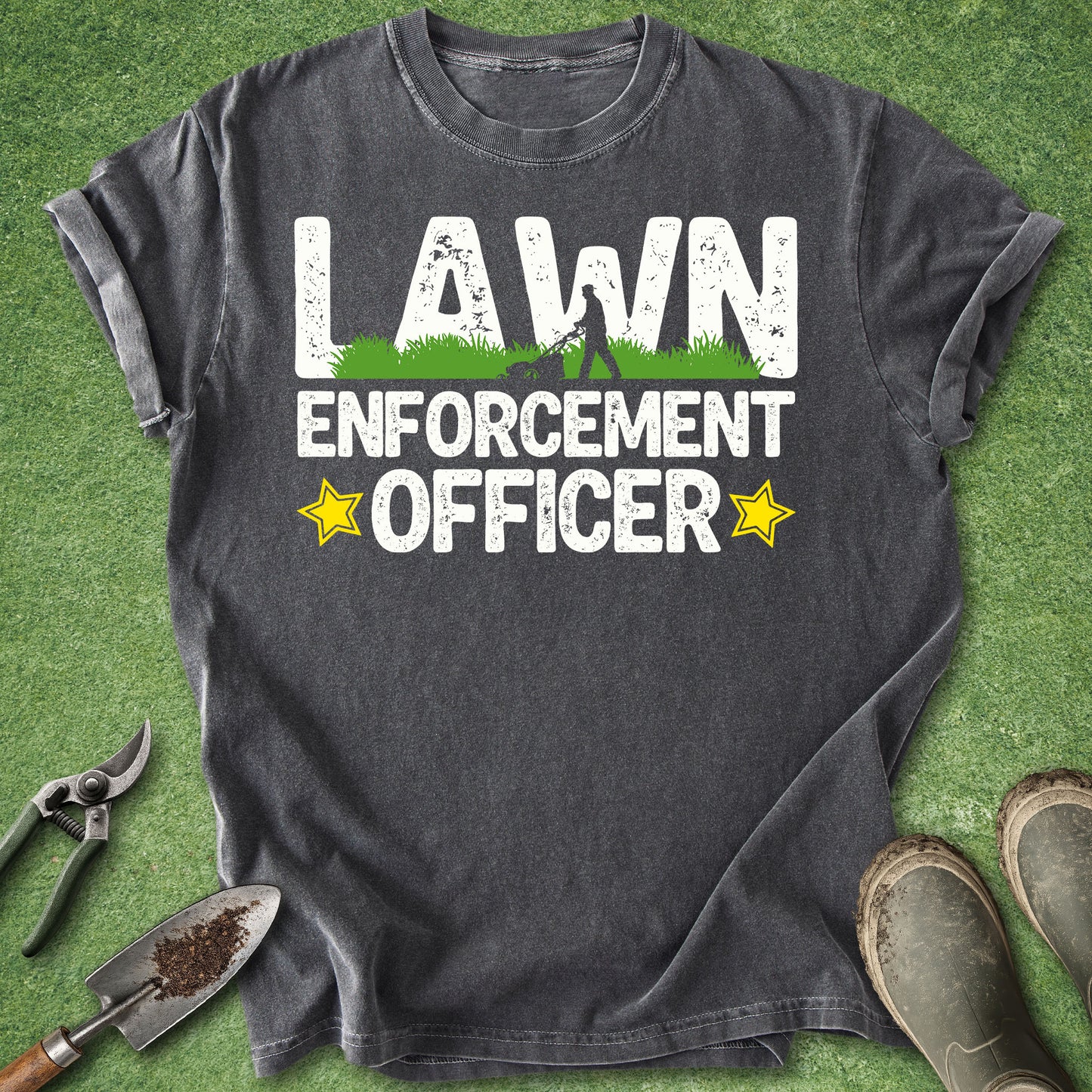 Gray t-shirt with 'Lawn Enforcement Officer' text on a grass background