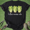 Black t-shirt with lettuce graphic and text on a green background