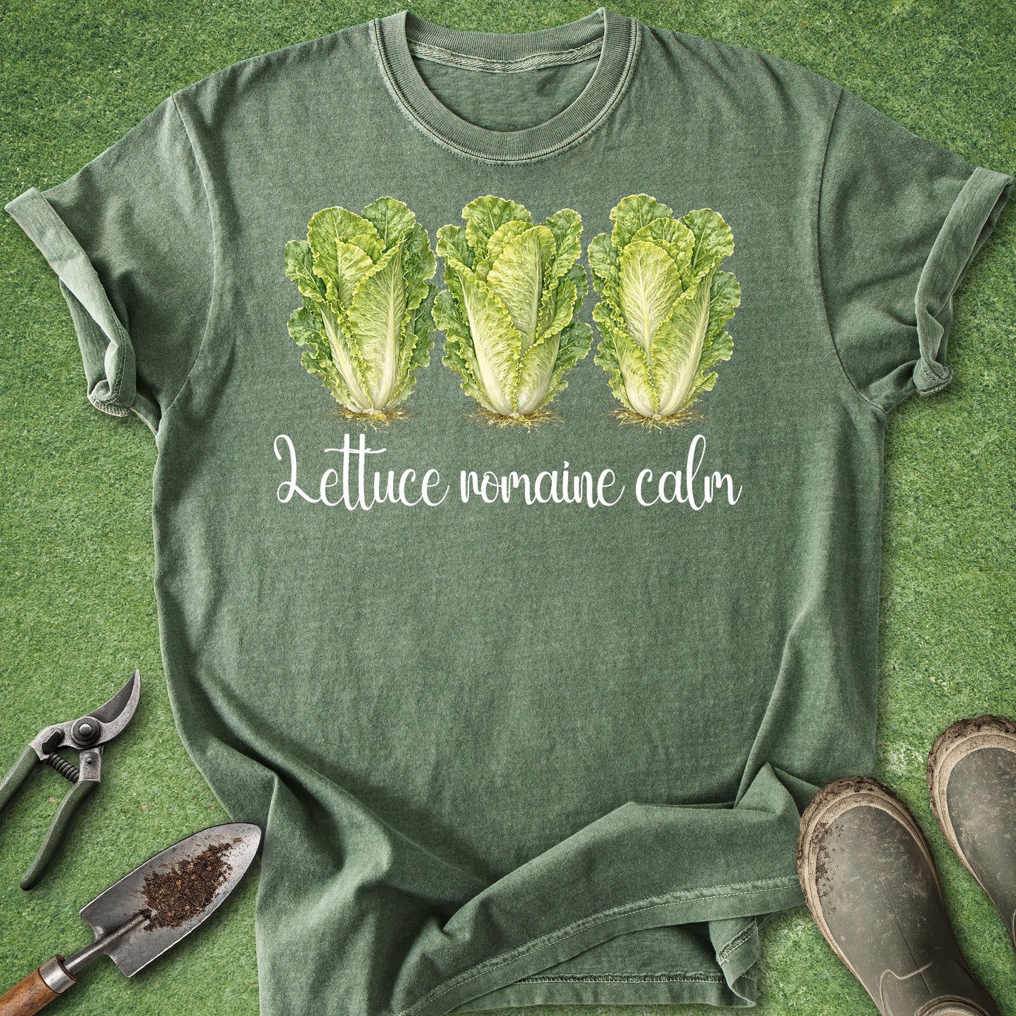 Green t-shirt with lettuce graphic and text on a green background