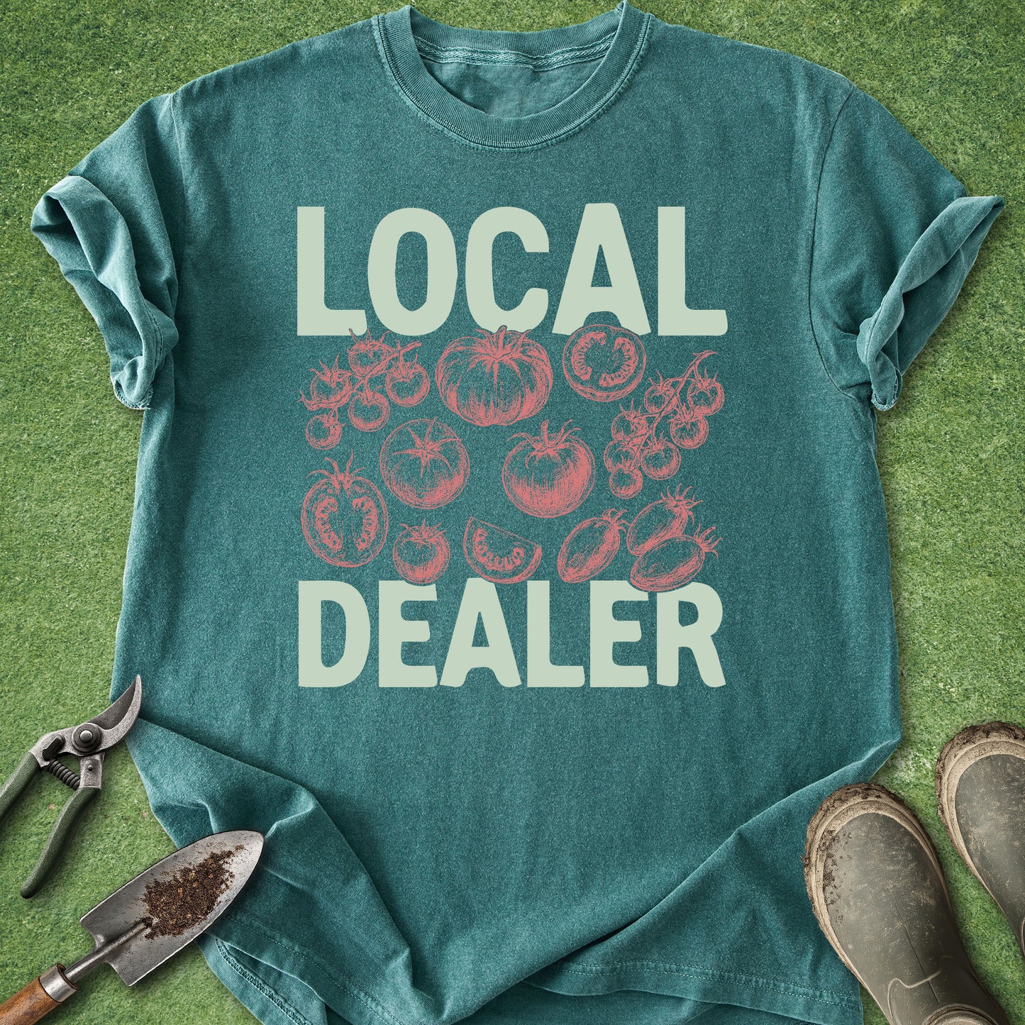 Teal t-shirt with 'LOCAL DEALER' text and tomato graphics on a grass background