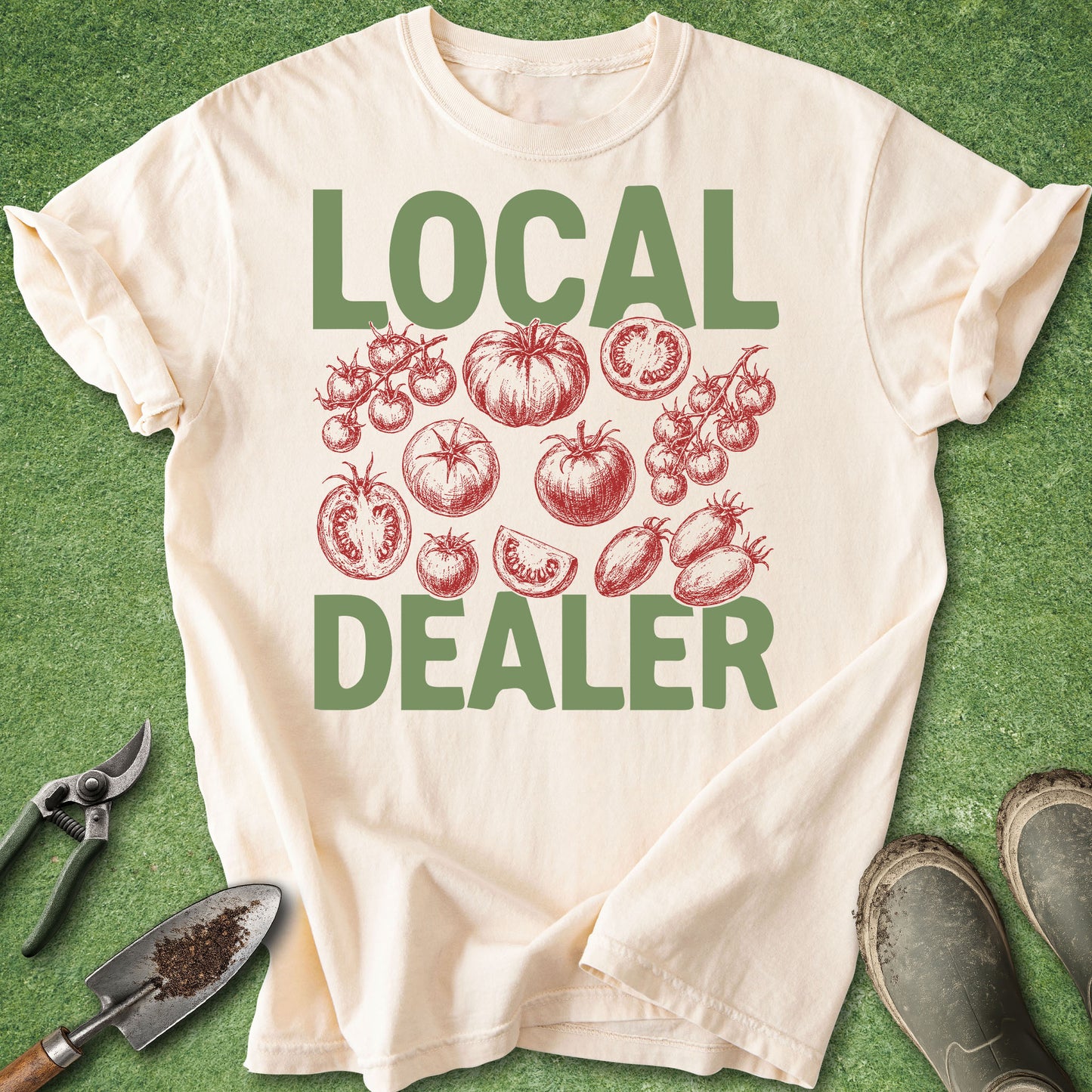 Ivory Comfort Colors t-shirt featuring the phrase "LOCAL DEALER" with vintage red tomato illustrations including cherry tomatoes, heirloom tomatoes, and sliced tomatoes arranged in the center.