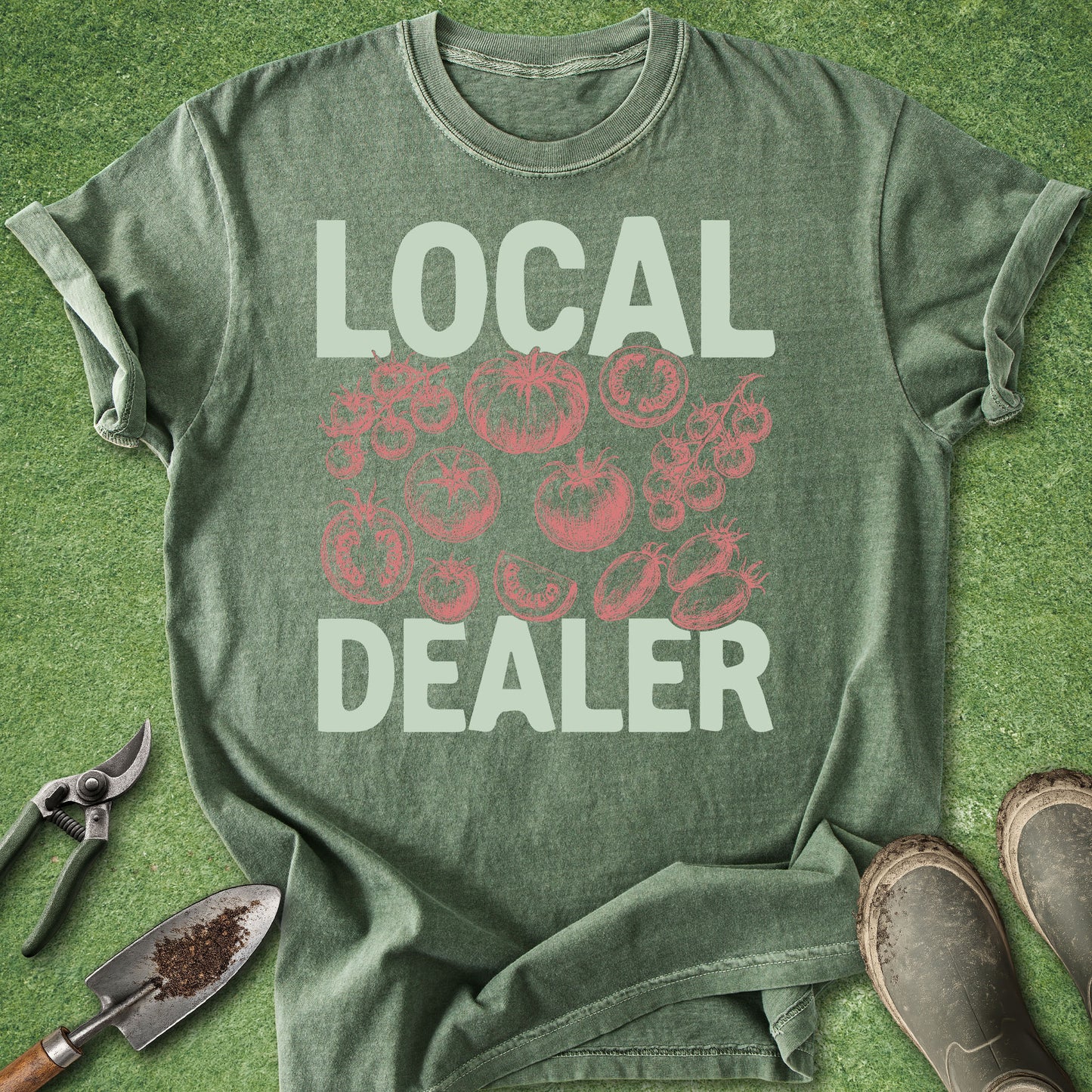 Green t-shirt with 'LOCAL DEALER' text and tomato graphics on a grass background