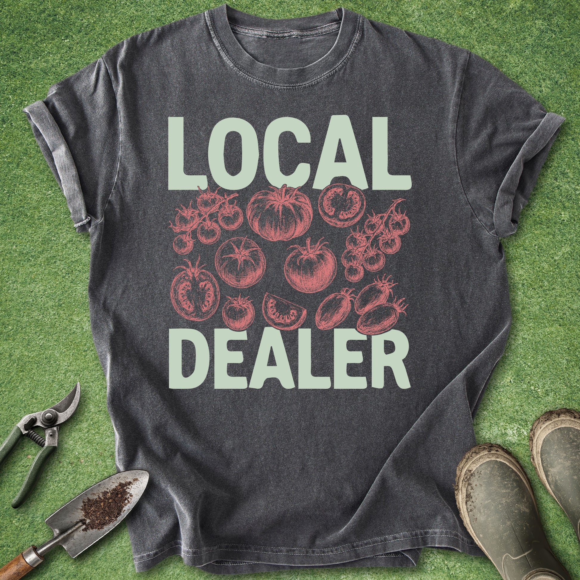 Gray t-shirt with 'LOCAL DEALER' text and tomato graphics on a green grass background