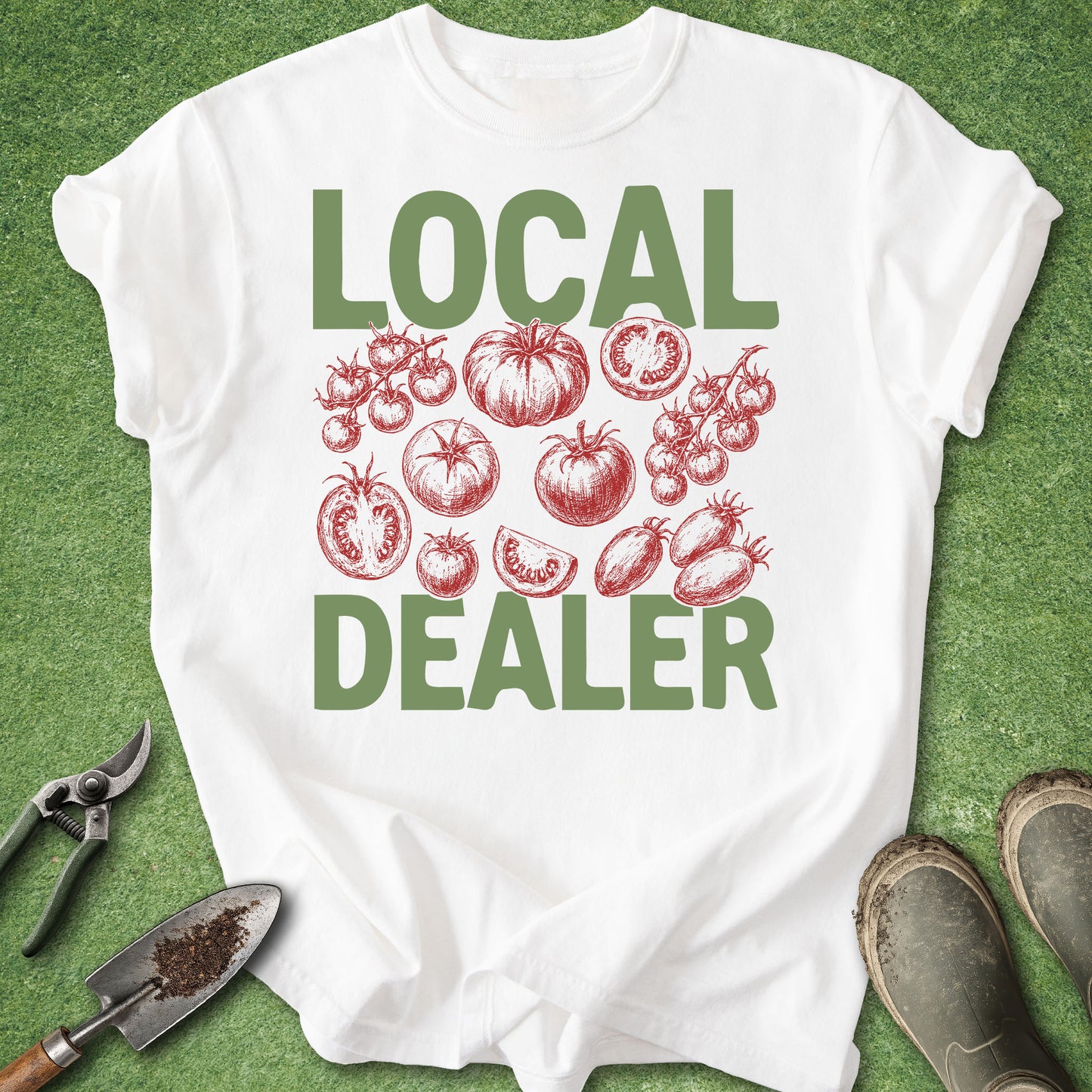 White t-shirt with 'LOCAL DEALER' text and tomato graphics on a green background