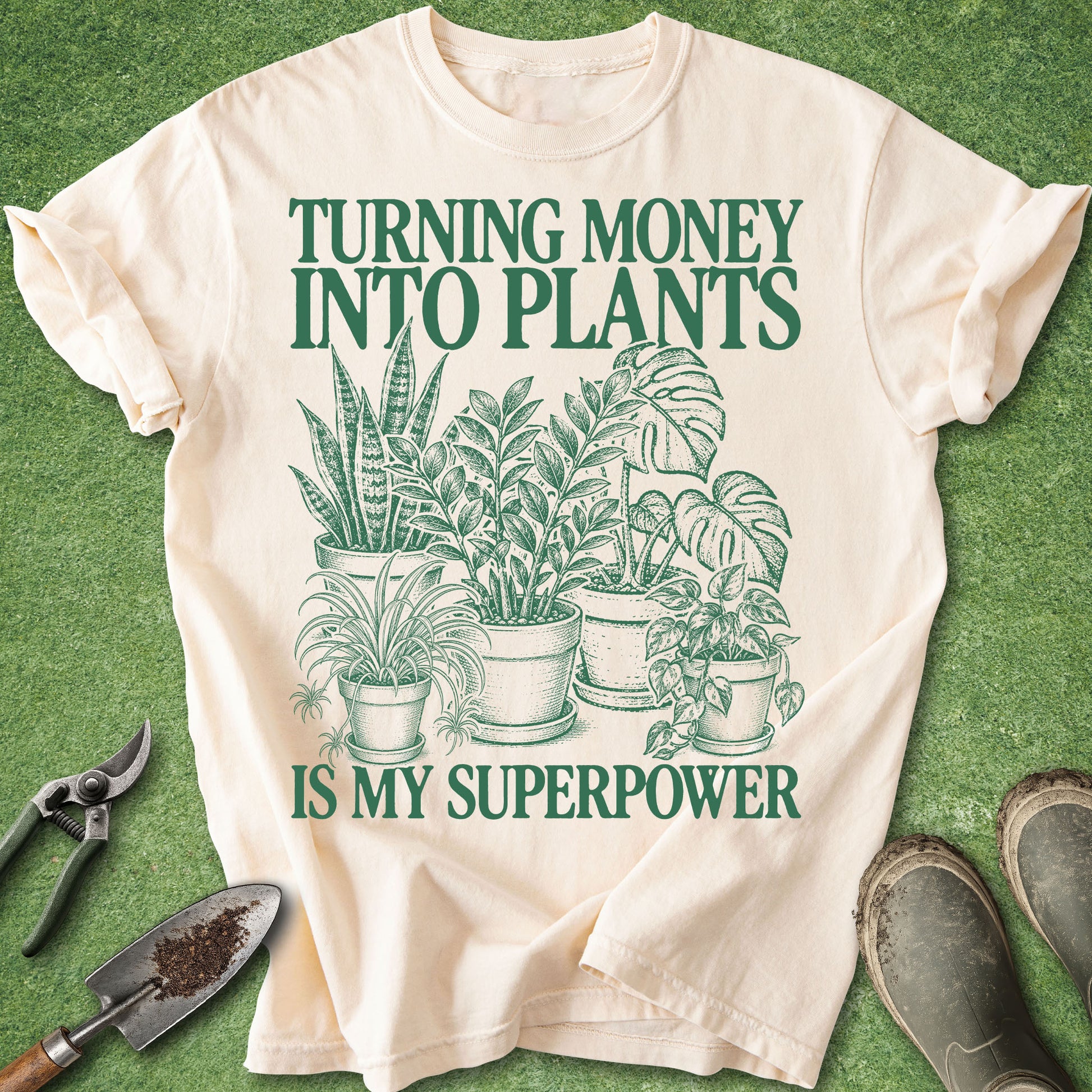 Vintage-inspired houseplant illustration featuring a snake plant, ZZ plant, monstera, spider plant, and pothos with the text "Turning Money Into Plants Is My Superpower."