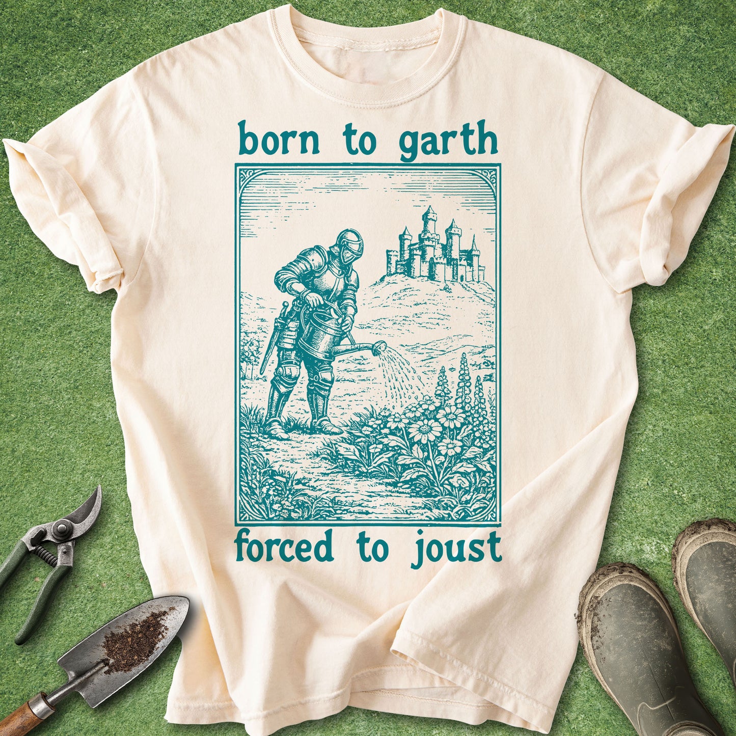 Funny medieval gardening shirt with knight watering flowers and born to garth forced to joust quote