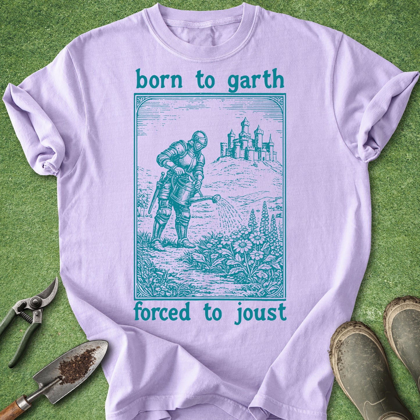 Purple t-shirt with graphic design and text on a green background