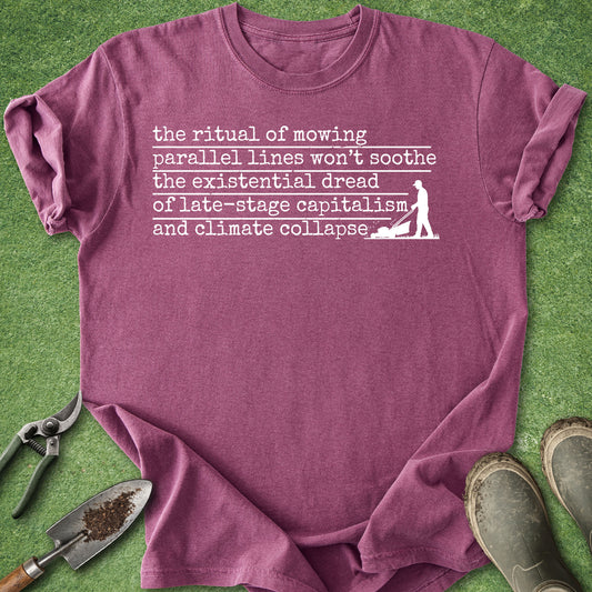Funny existential lawn mowing t-shirt with sarcastic text and mower silhouette on pepper black shirt