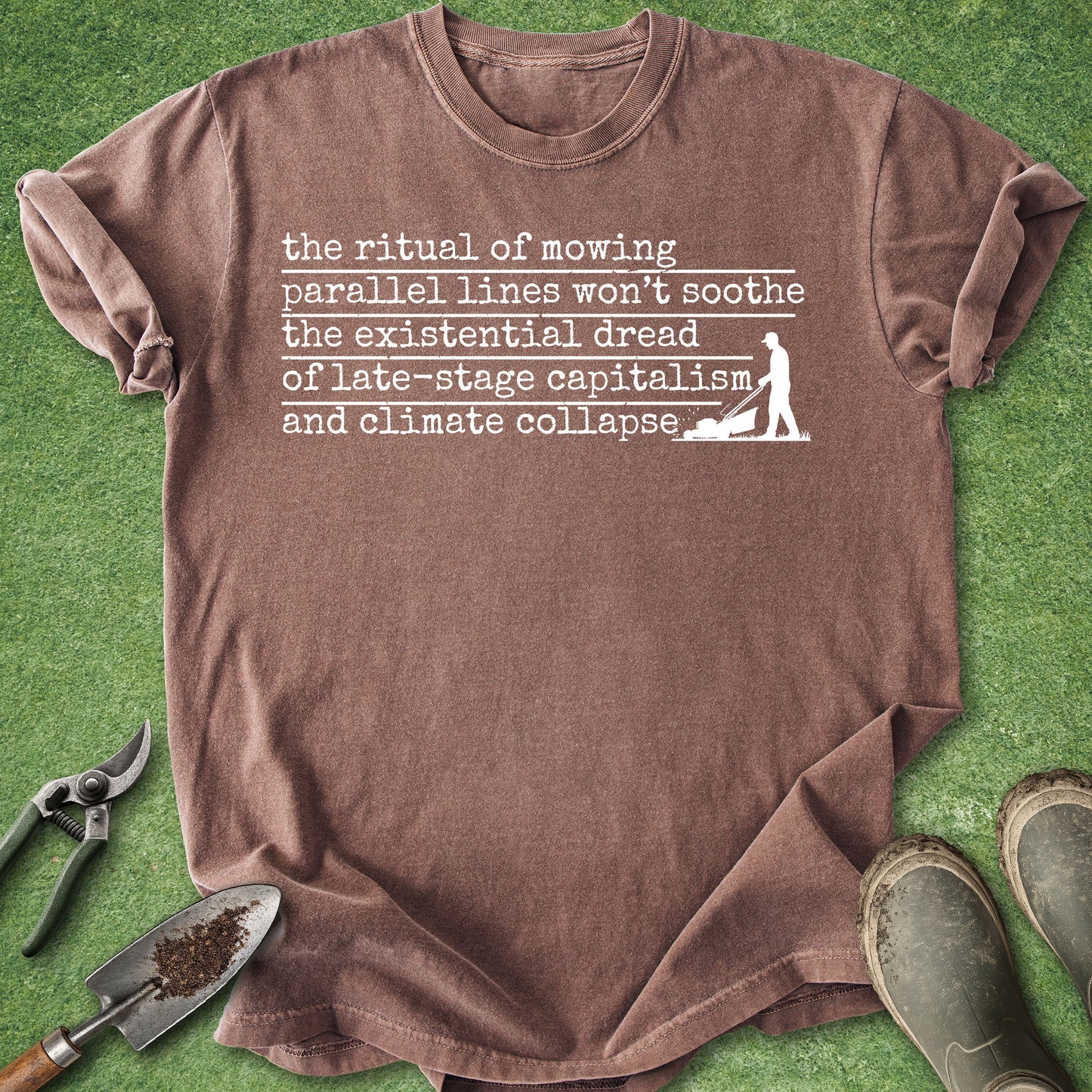 Funny existential lawn mowing t-shirt with sarcastic text and mower silhouette on pepper black shirt