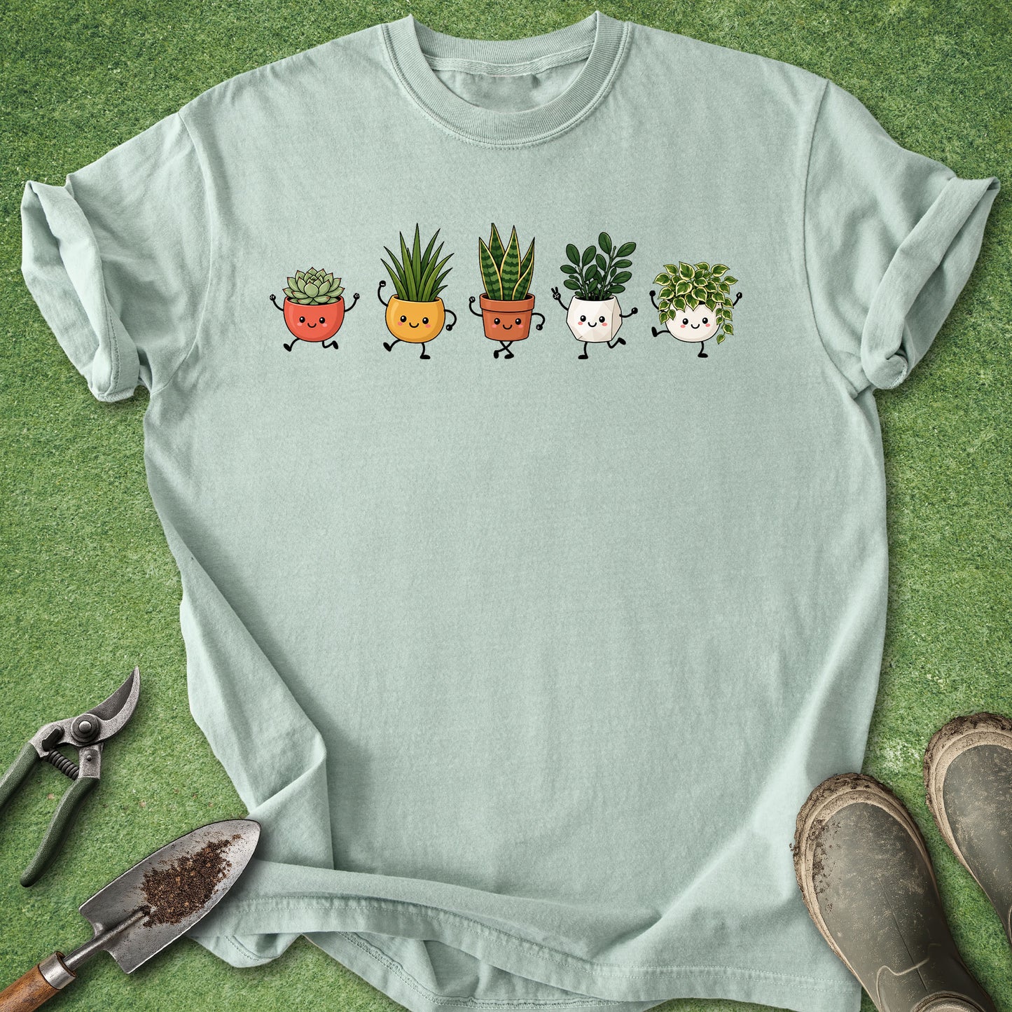 Bay green t-shirt featuring five cute illustrated potted houseplants with smiling faces, arms and legs, including a succulent, snake plant and trailing pothos.