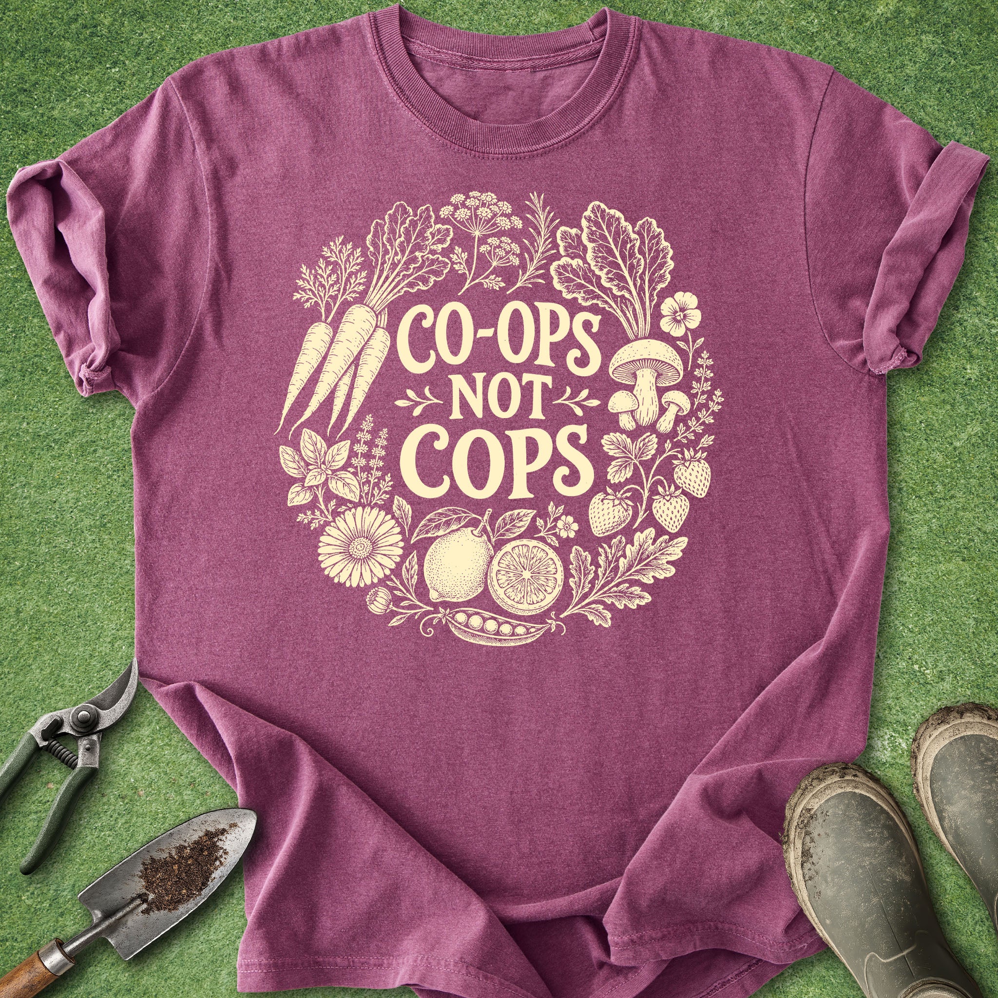 Purple t-shirt with 'Co-ops Not Cops' design on a green background