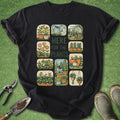 Black t-shirt with gardening-themed design on a green surface with gardening tools.