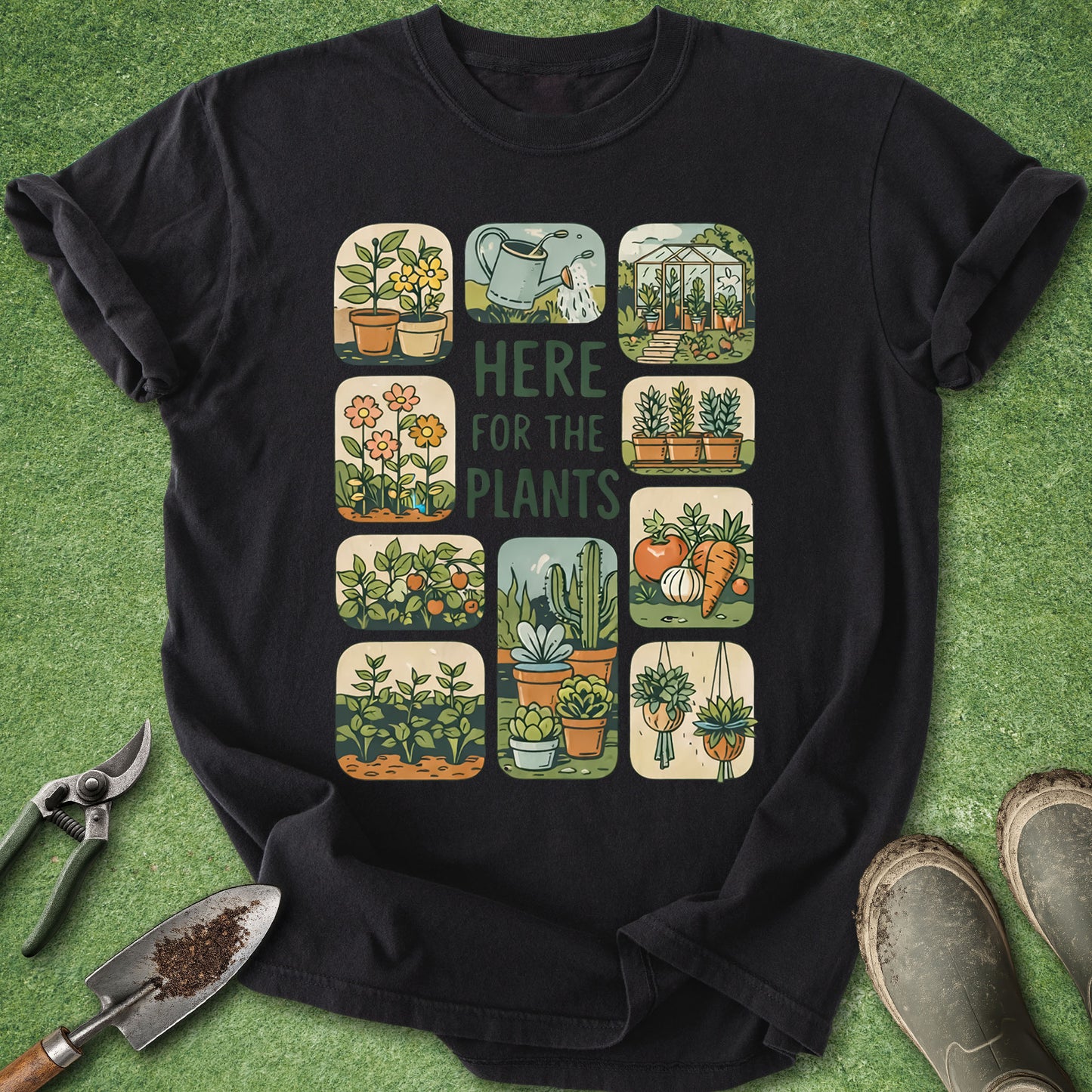 Black t-shirt with gardening-themed design on a green surface with gardening tools.