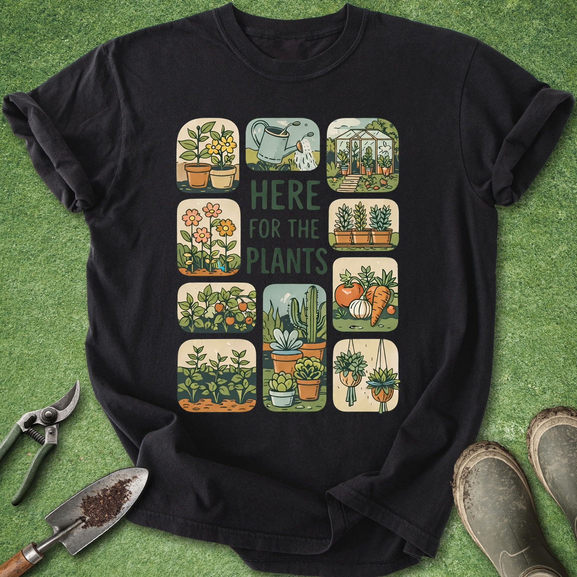 Black t-shirt with gardening-themed design on a green surface with gardening tools.