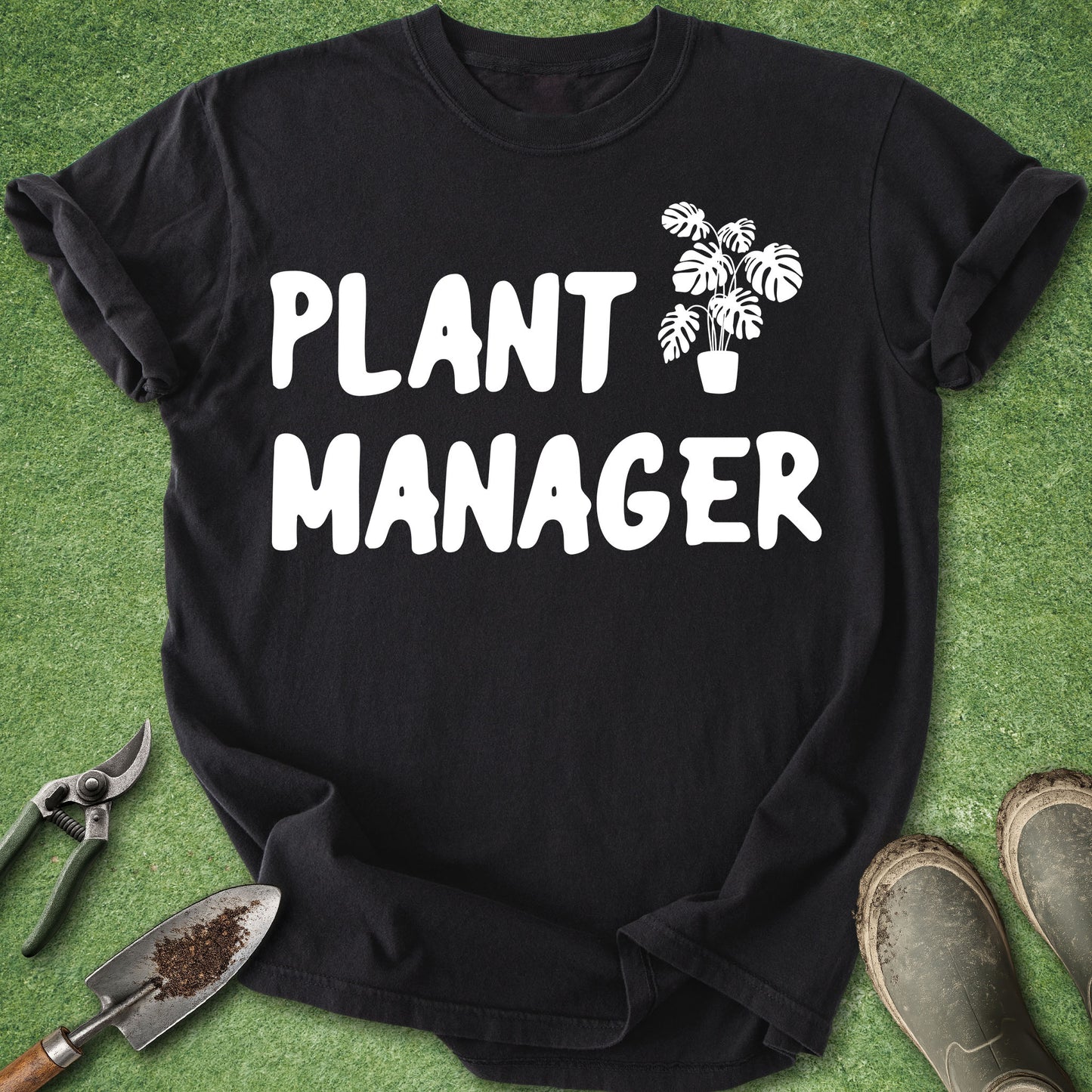 Black t-shirt with 'Plant Manager' text and plant icon on green grass background