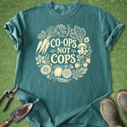 Teal t-shirt with 'Co-ops Not Cops' graphic on a green background