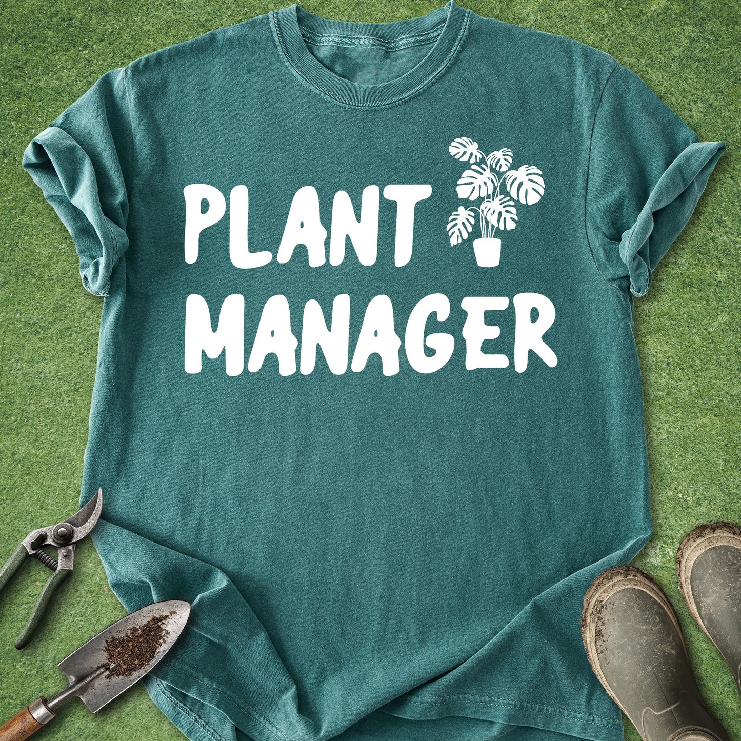 Funny plant manager t-shirt with monstera houseplant graphic on blue vintage tee
