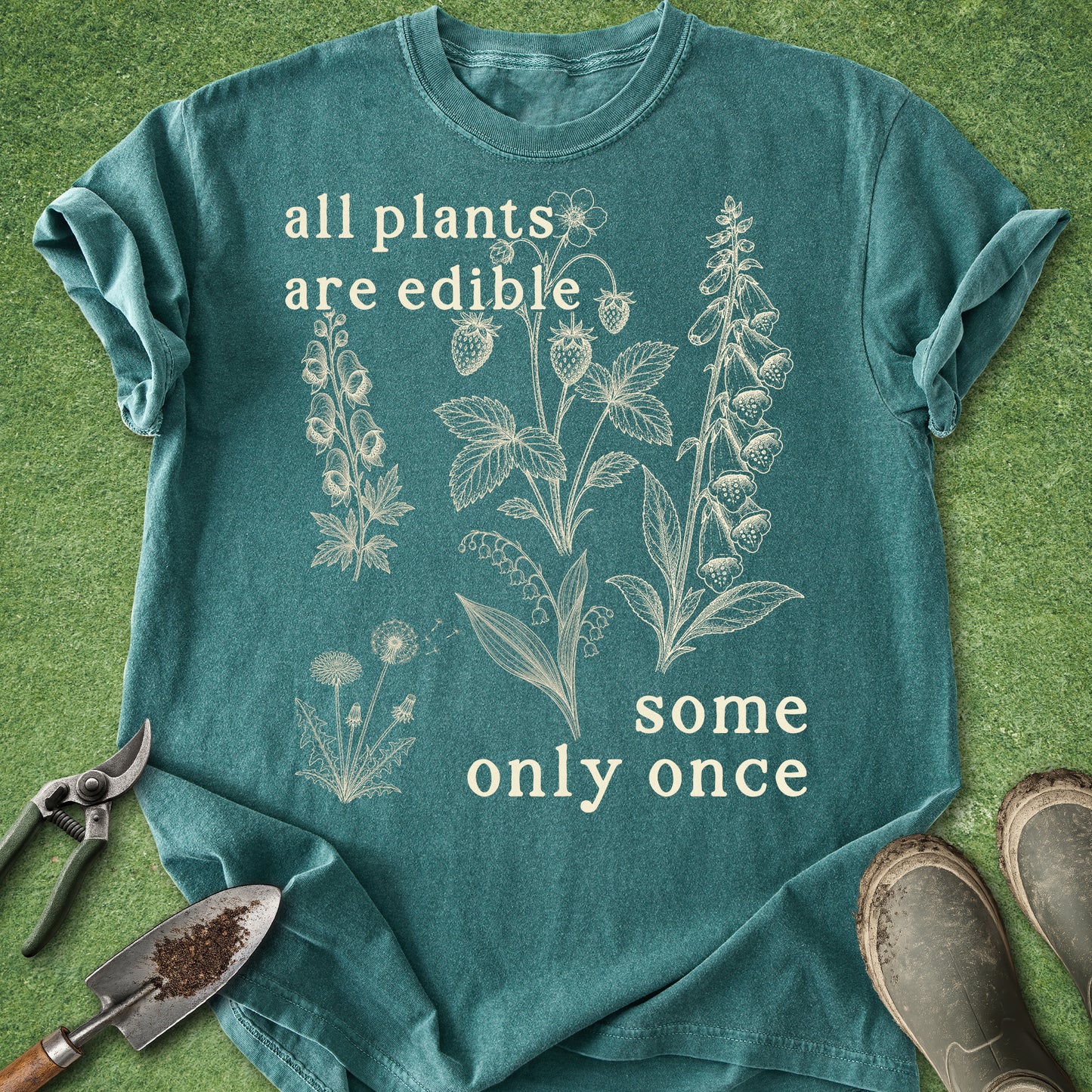 Funny botanical gardening t-shirt with “All plants are edible some only once” quote and vintage plant illustrations on pepper gray shirt