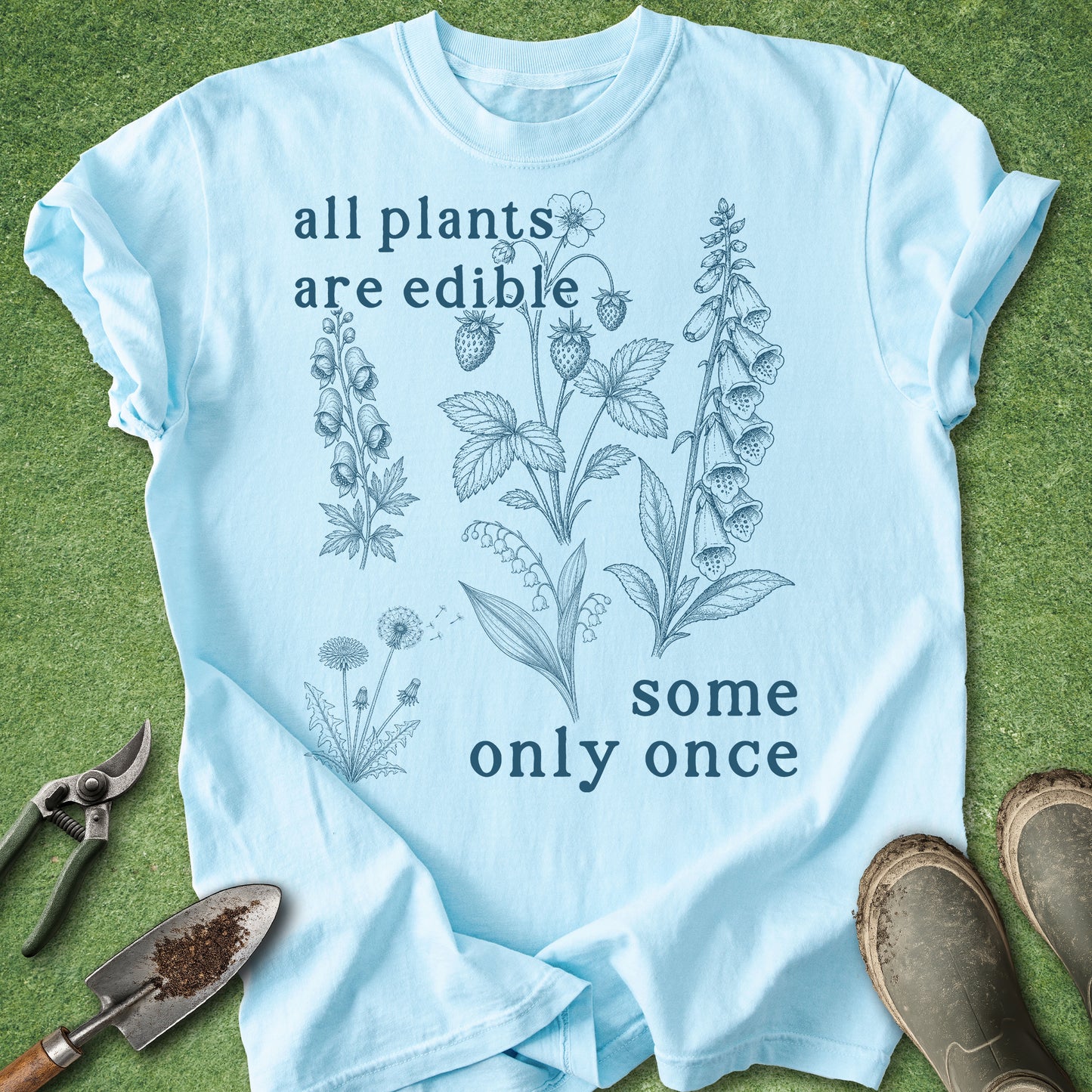 Funny botanical gardening t-shirt with “All plants are edible some only once” quote and vintage plant illustrations on pepper gray shirt