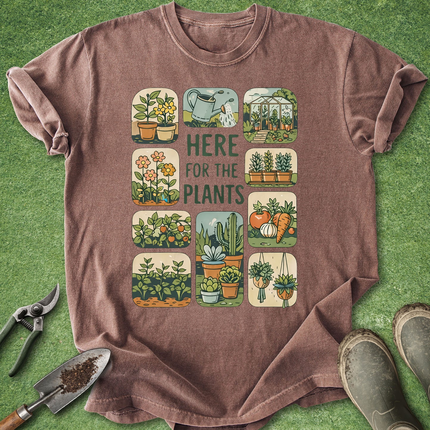 Brown t-shirt with gardening-themed design on a green background