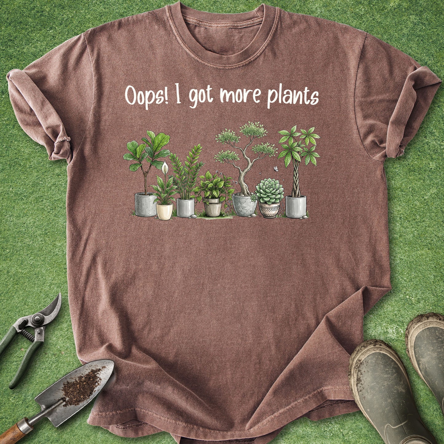 Illustrated houseplant design featuring multiple potted plants with the text "Oops! I Got More Plants" for plant lovers, gardeners, and houseplant collectors.
