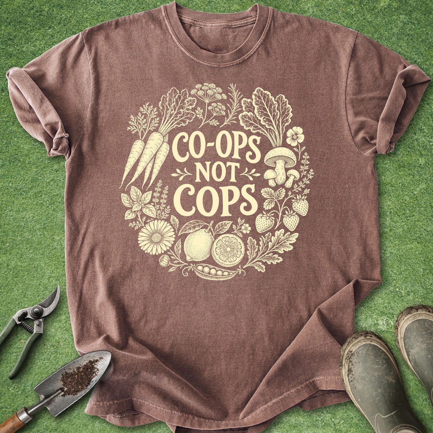 Brown t-shirt with 'Co-ops Not Cops' graphic on a green background