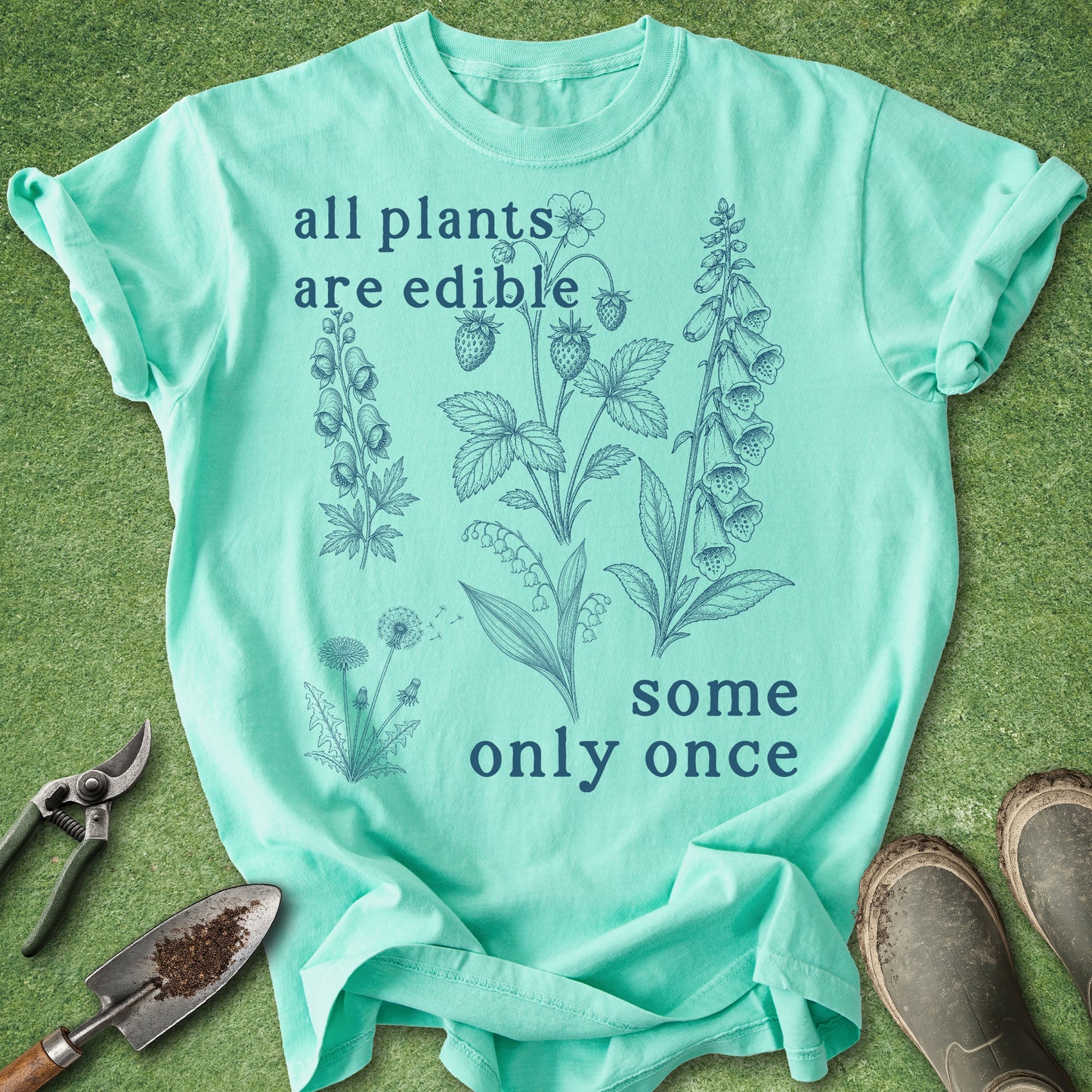 Funny botanical gardening t-shirt with “All plants are edible some only once” quote and vintage plant illustrations on pepper gray shirt