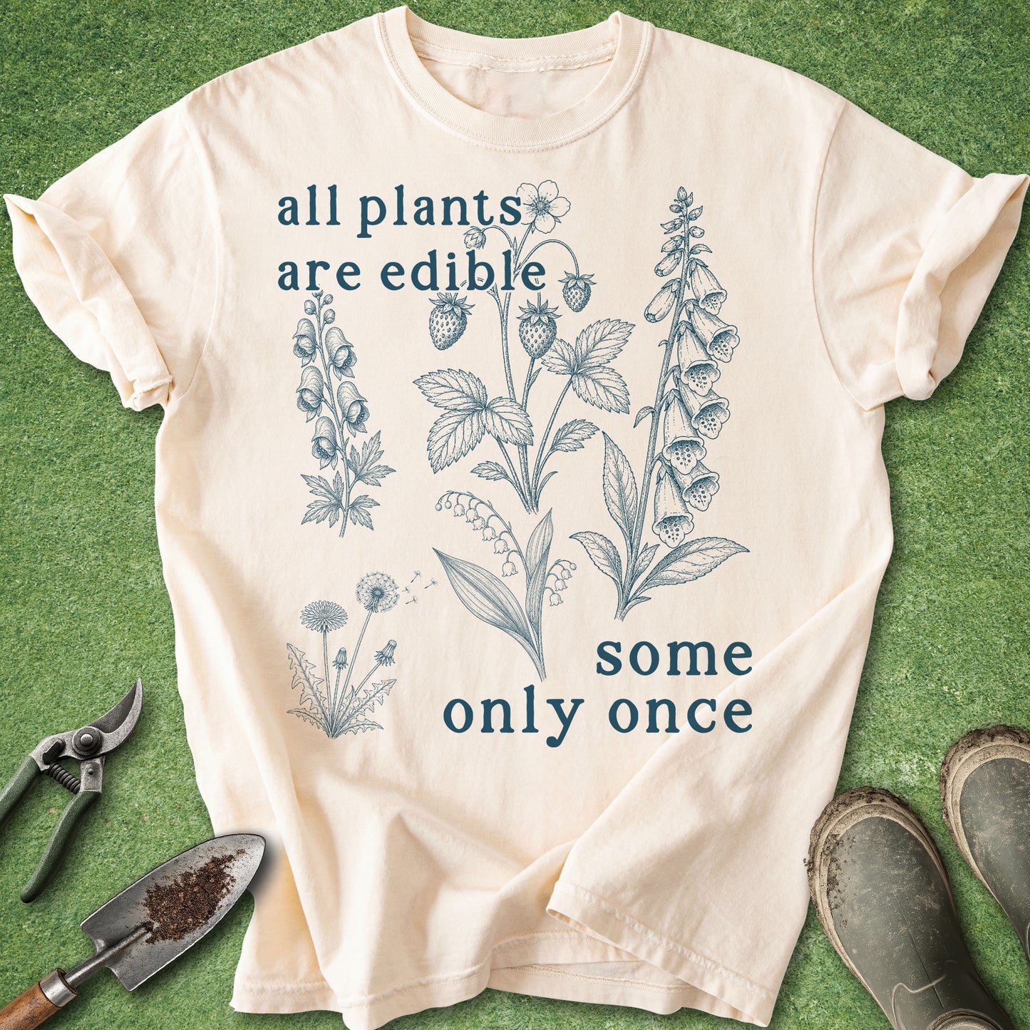 Funny botanical gardening t-shirt with “All plants are edible some only once” quote and vintage plant illustrations on pepper gray shirt
