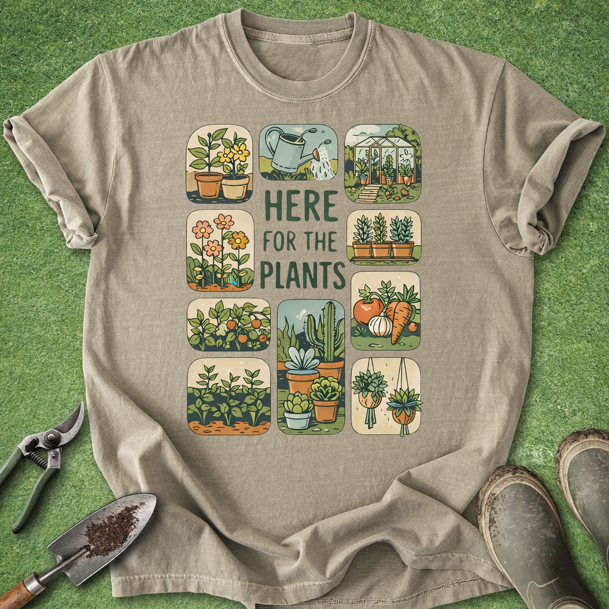 Beige t-shirt with gardening-themed design on a green grass background