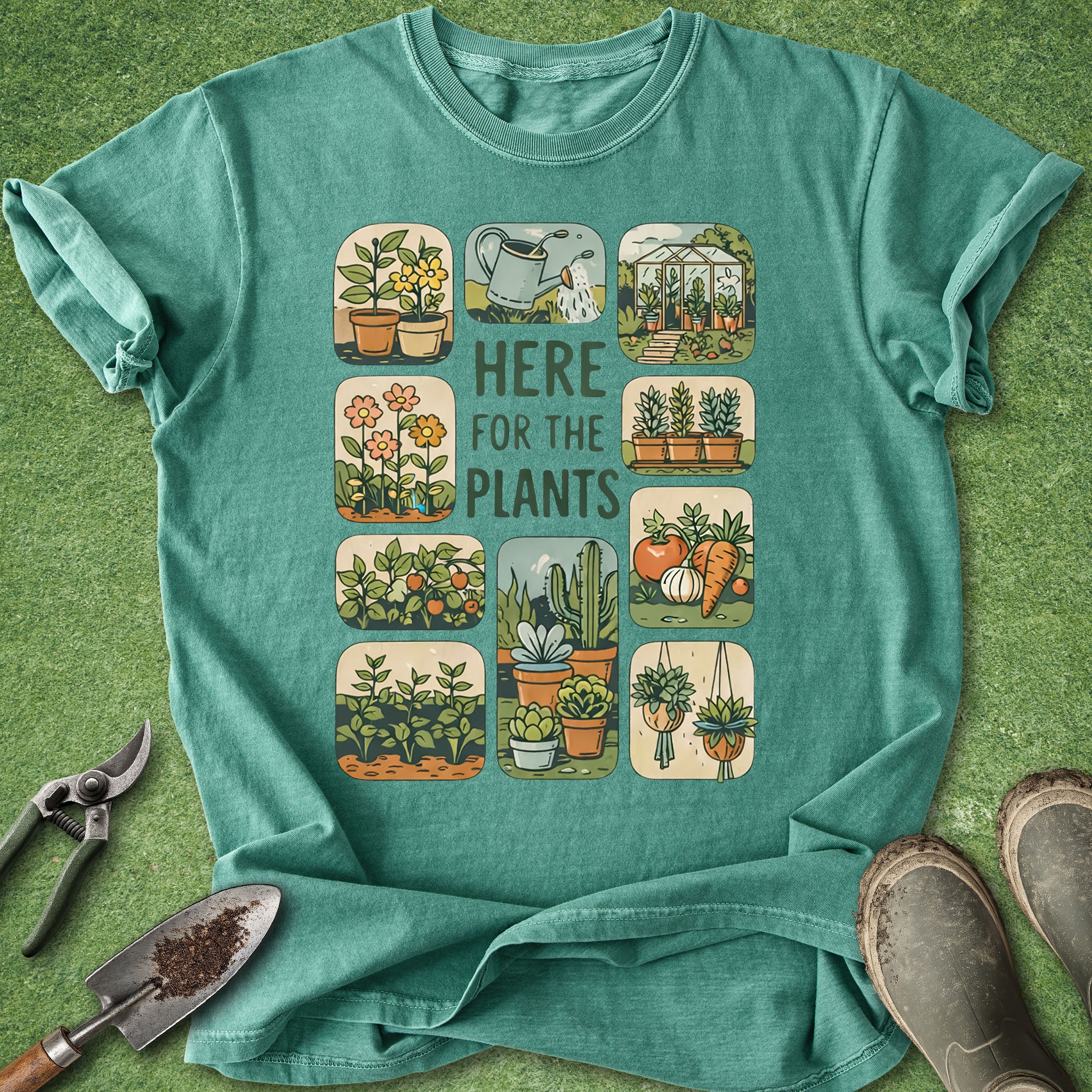 Teal t-shirt with gardening-themed design on a green background