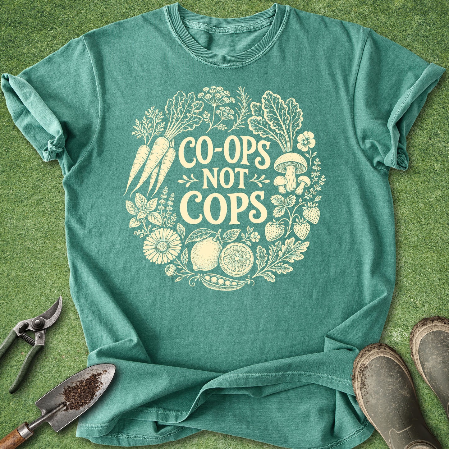 Teal t-shirt with 'Co-ops Not Cops' design on a green background
